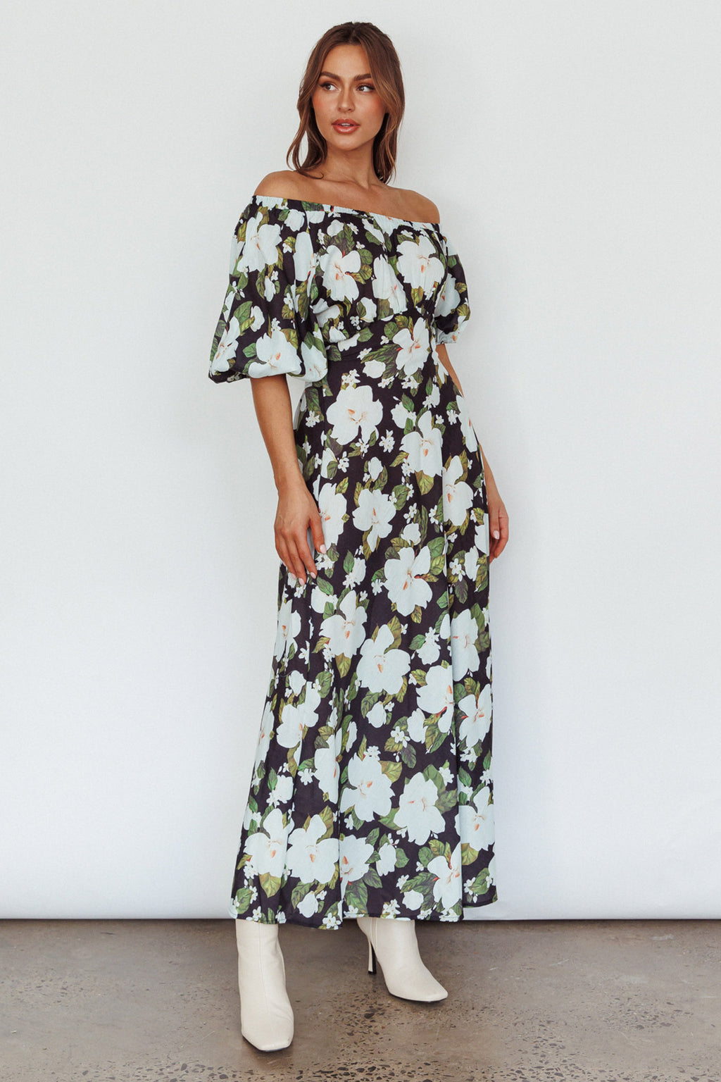 Momentum Off Shoulder Maxi Dress Floral Black by Selfie Leslie Australia