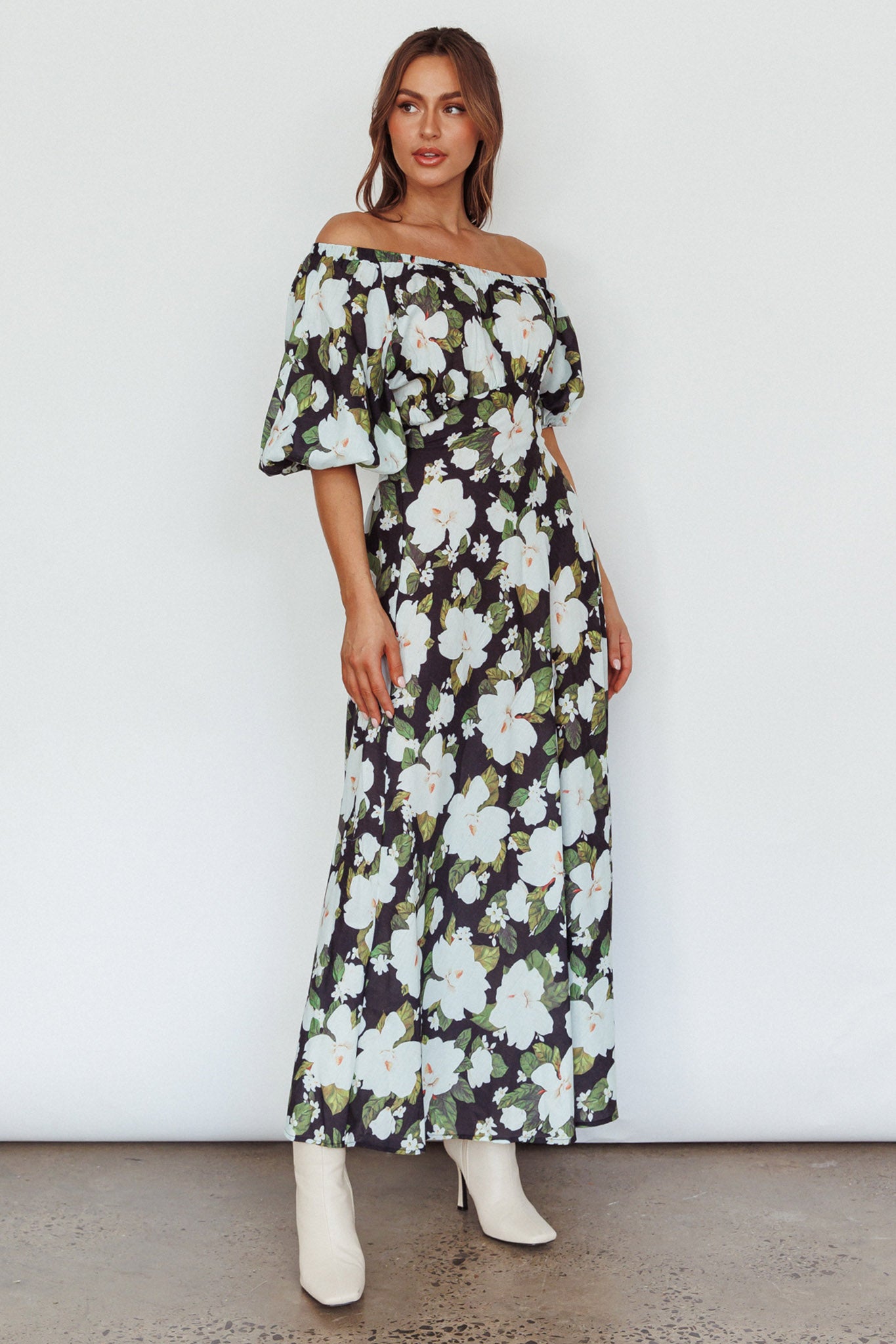 Momentum Off Shoulder Maxi Dress Floral Black by Selfie Leslie Australia