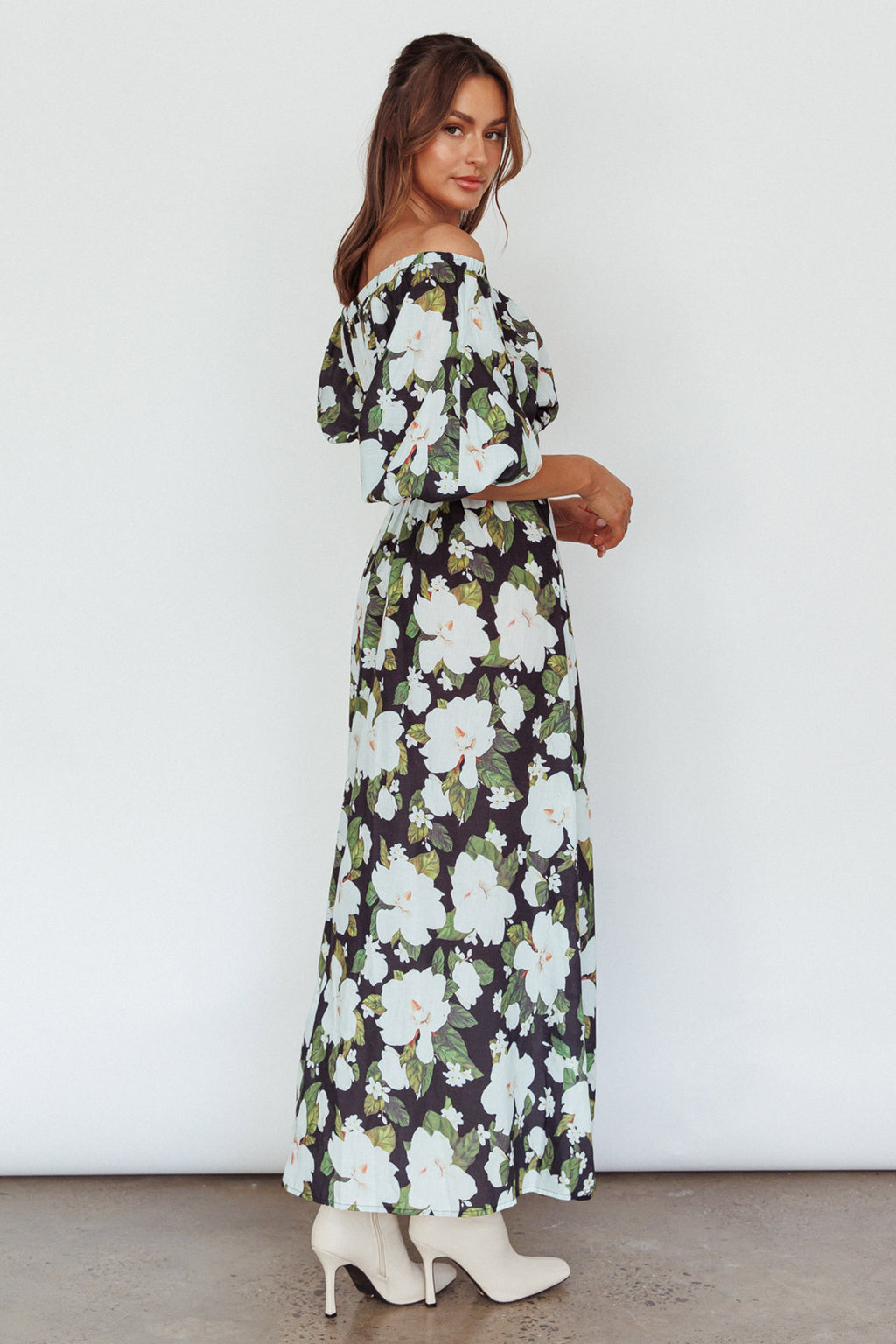 Momentum Off Shoulder Maxi Dress Floral Black by Selfie Leslie Australia