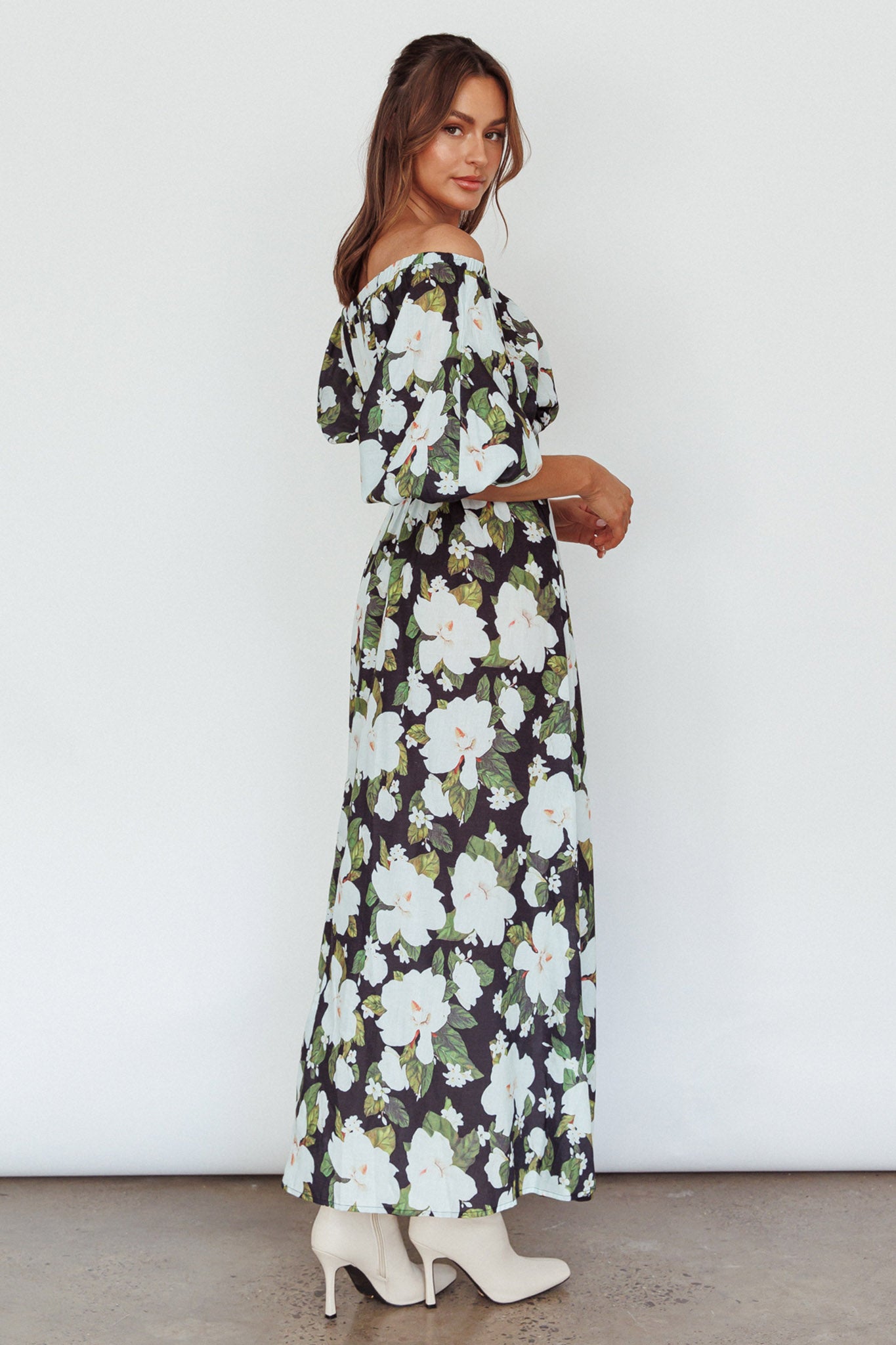 Momentum Off Shoulder Maxi Dress Floral Black by Selfie Leslie Australia