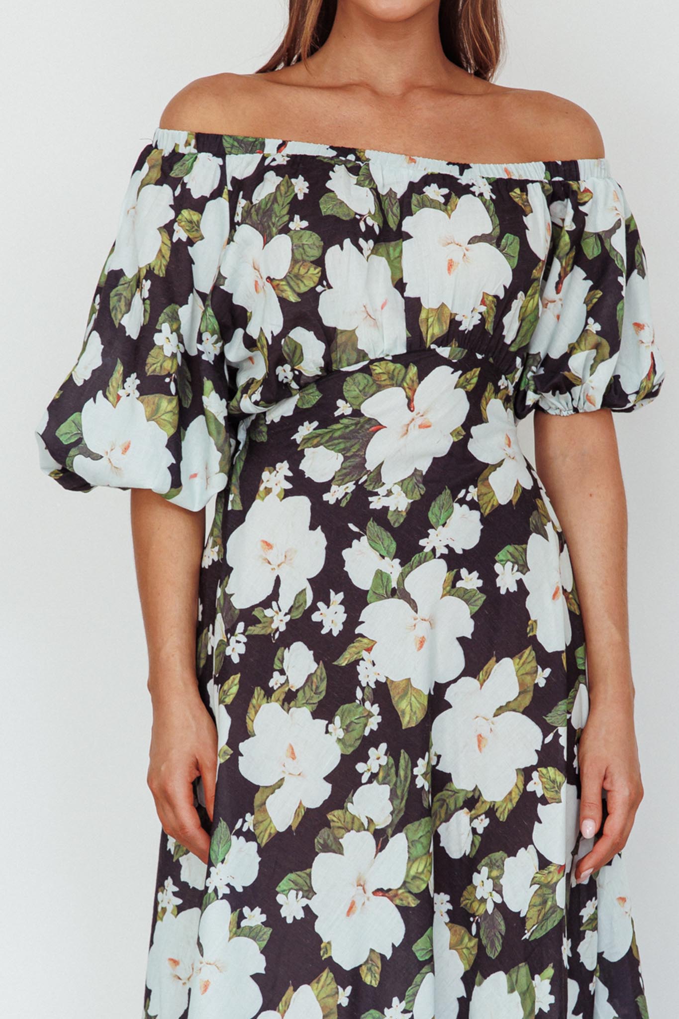 Momentum Off Shoulder Maxi Dress Floral Black by Selfie Leslie Australia