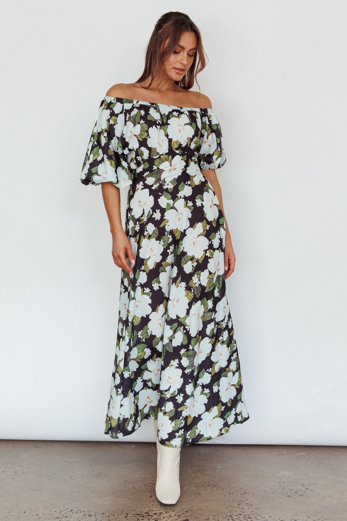 Momentum Off Shoulder Maxi Dress Floral Black by Selfie Leslie Australia