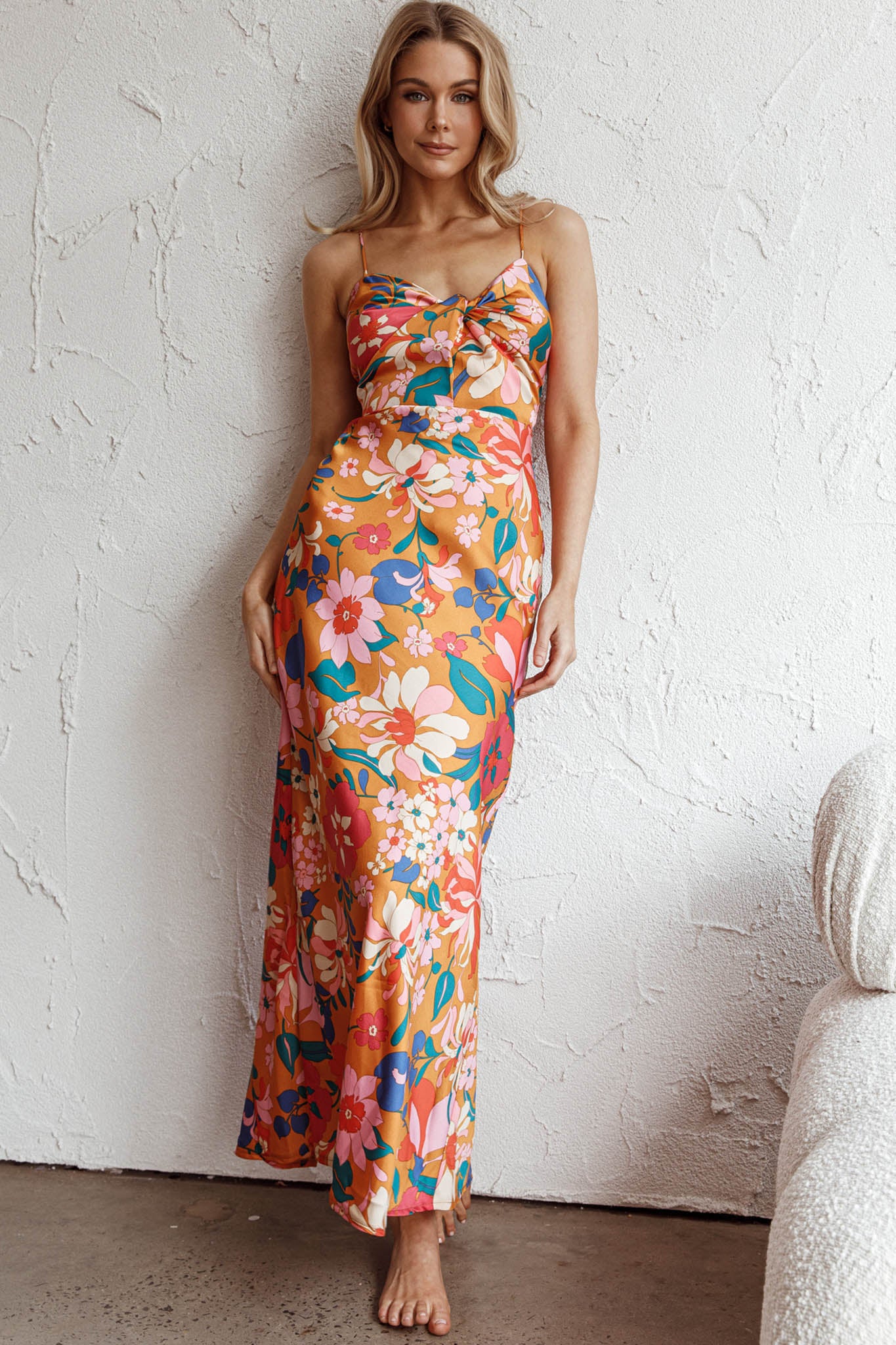 Sea Change Twist Bust Midi Dress Floral Orange by Selfie Leslie Australia