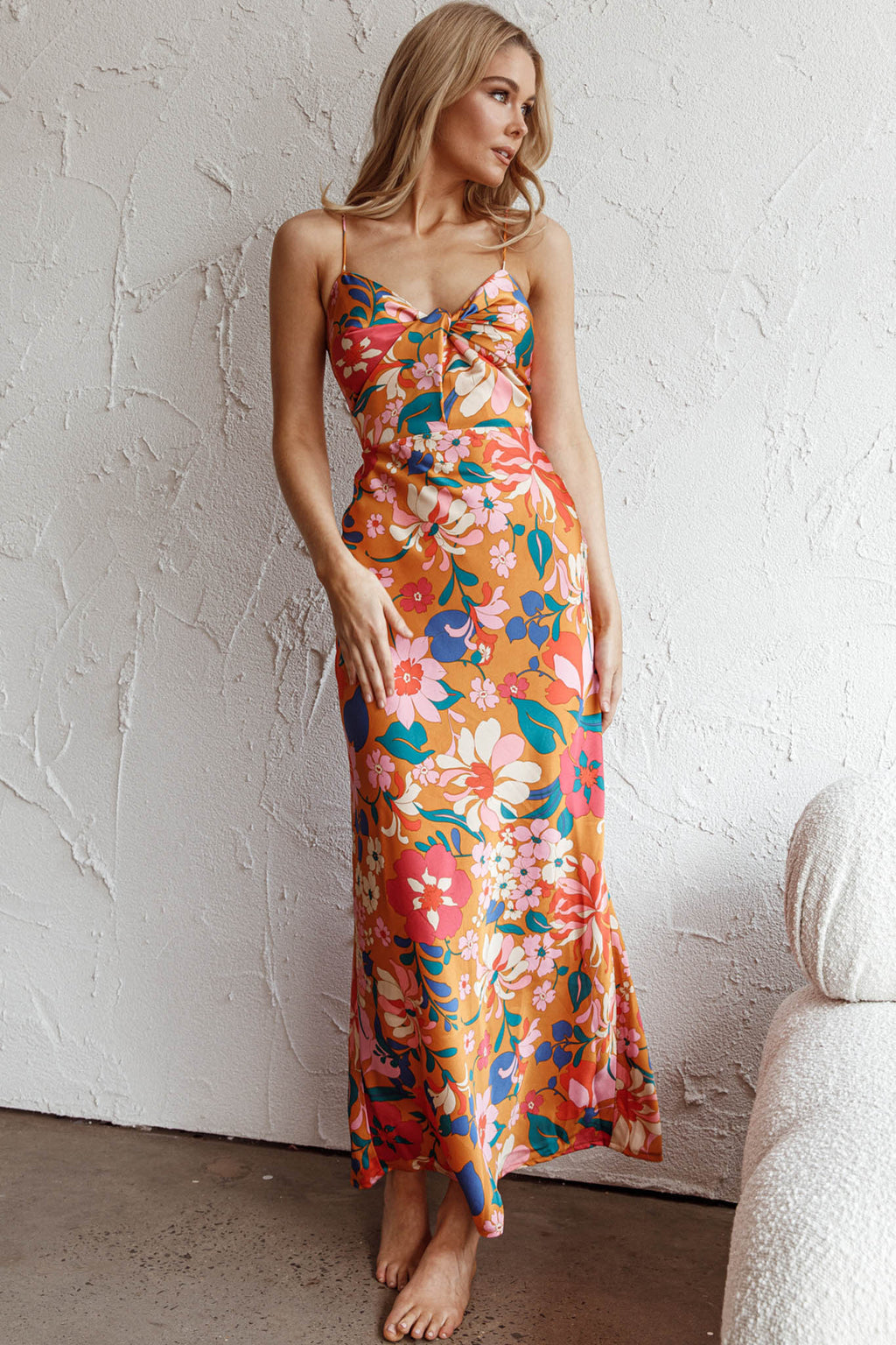 Sea Change Twist Bust Midi Dress Floral Orange by Selfie Leslie Australia