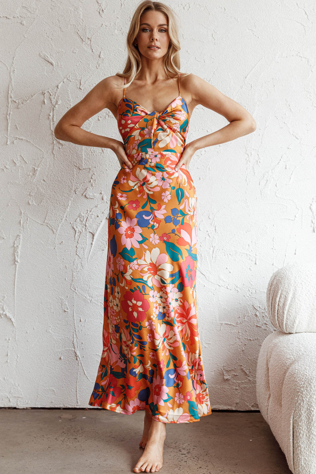 Sea Change Twist Bust Midi Dress Floral Orange by Selfie Leslie Australia