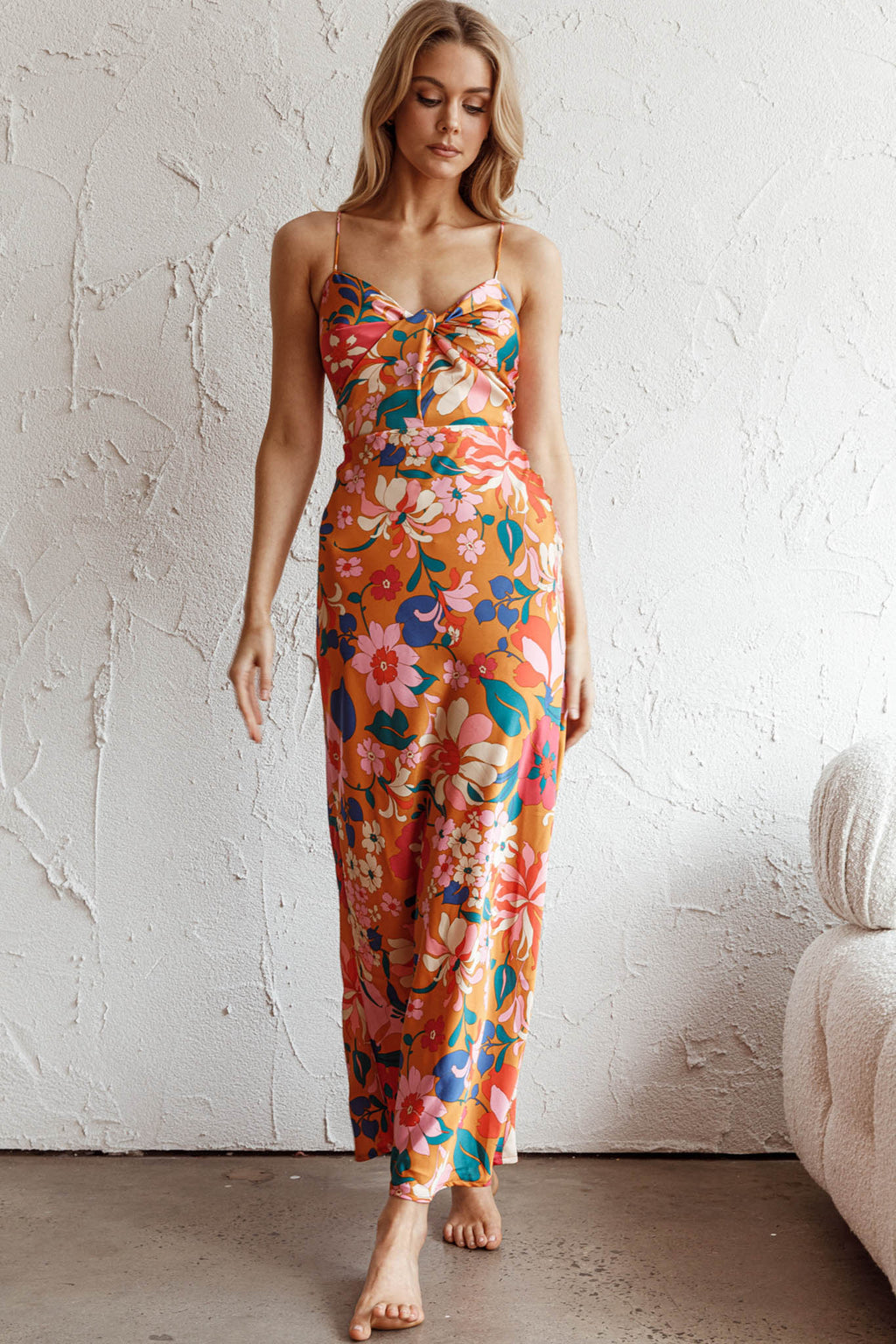 Sea Change Twist Bust Midi Dress Floral Orange by Selfie Leslie Australia