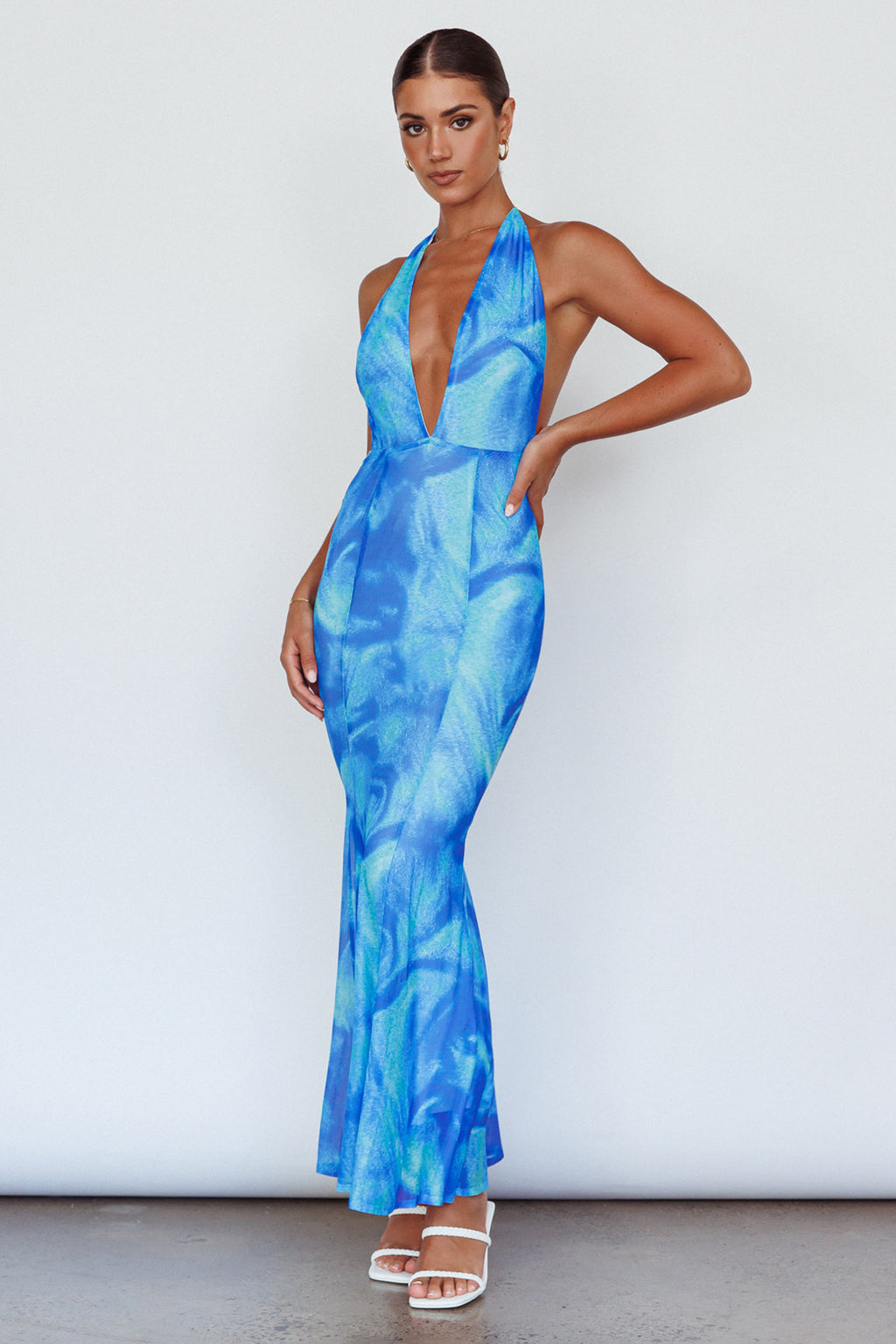 Mayah Halterneck Maxi Dress Printed Blue by Selfie Leslie Australia