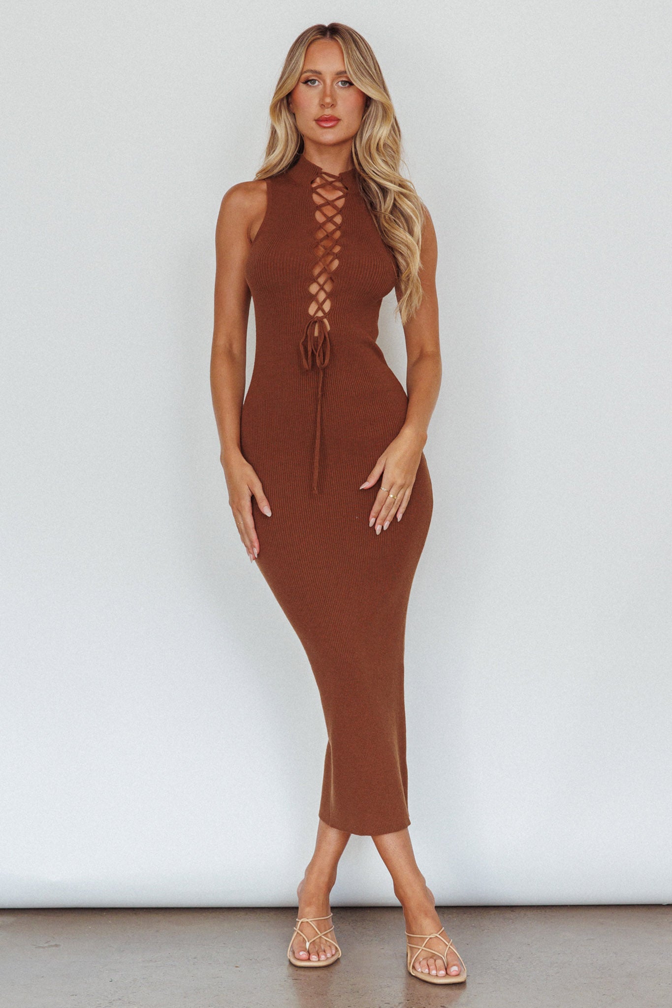 Brand New Day Lace-Up Bust Knit Midi Dress Chocolate by Selfie Leslie Australia