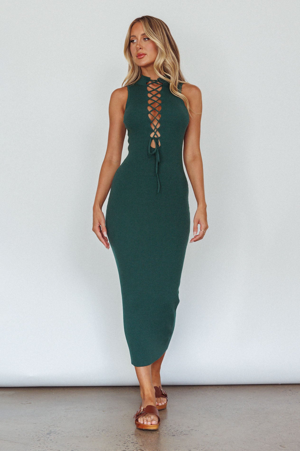 Brand New Day Lace-Up Bust Knit Midi Dress Emerald by Selfie Leslie Australia