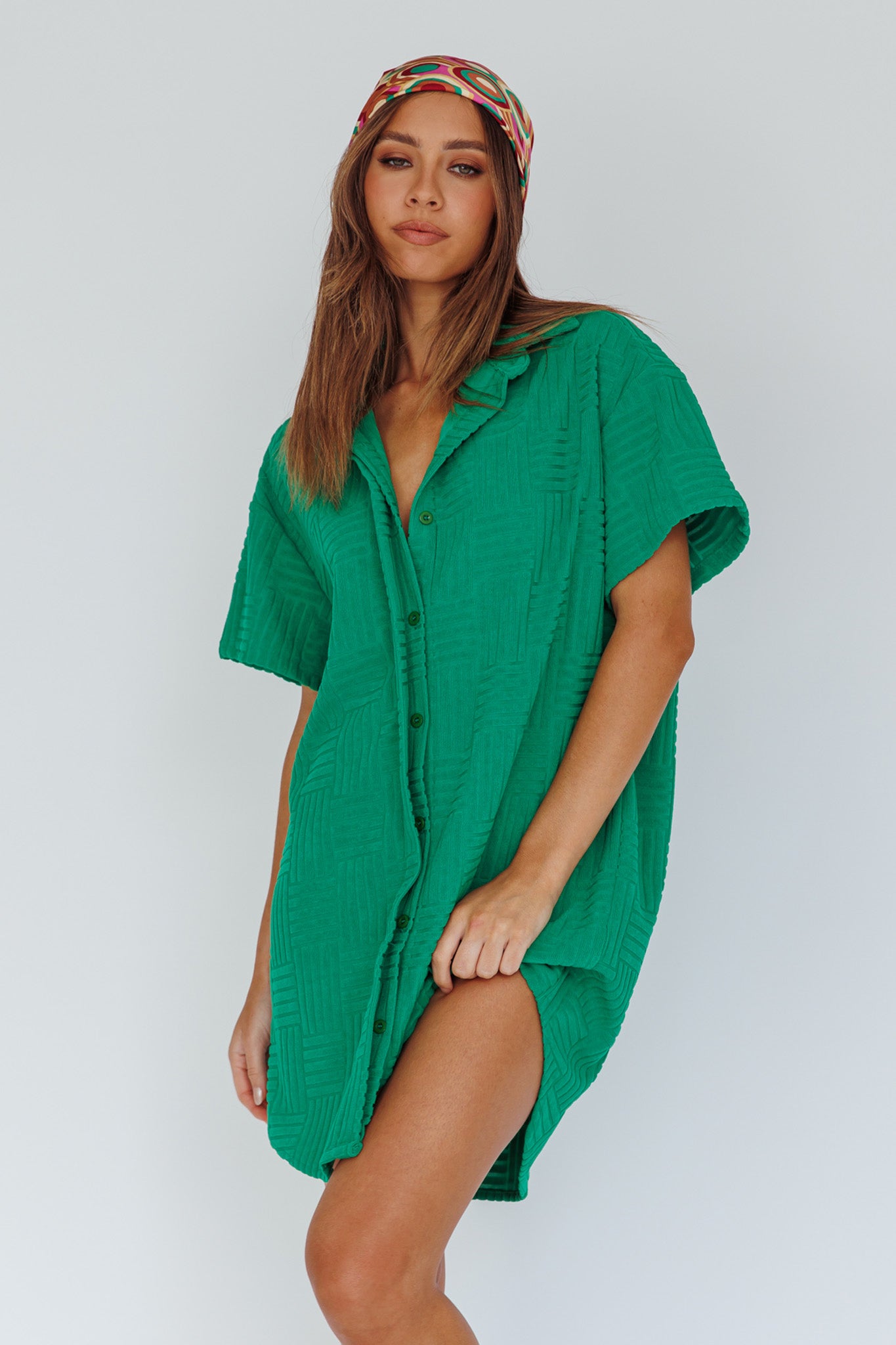 Sun Time Textured Shirt Dress Green by Selfie Leslie Australia