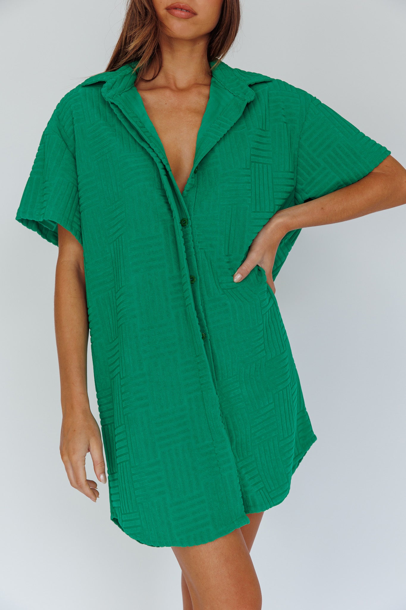 Sun Time Textured Shirt Dress Green by Selfie Leslie Australia