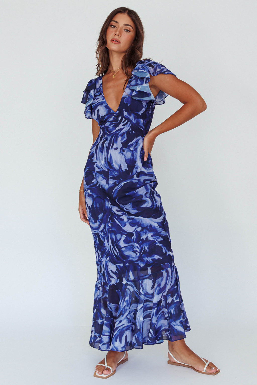 Lydiah Ruffle Sleeve Maxi Dress Floral Blue by Selfie Leslie Australia
