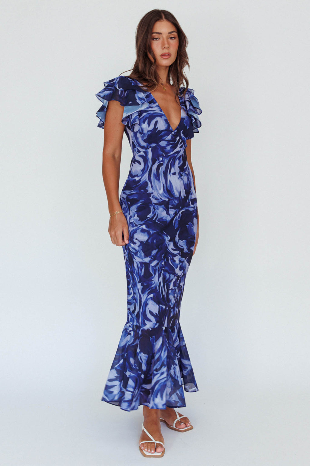 Lydiah Ruffle Sleeve Maxi Dress Floral Blue by Selfie Leslie Australia