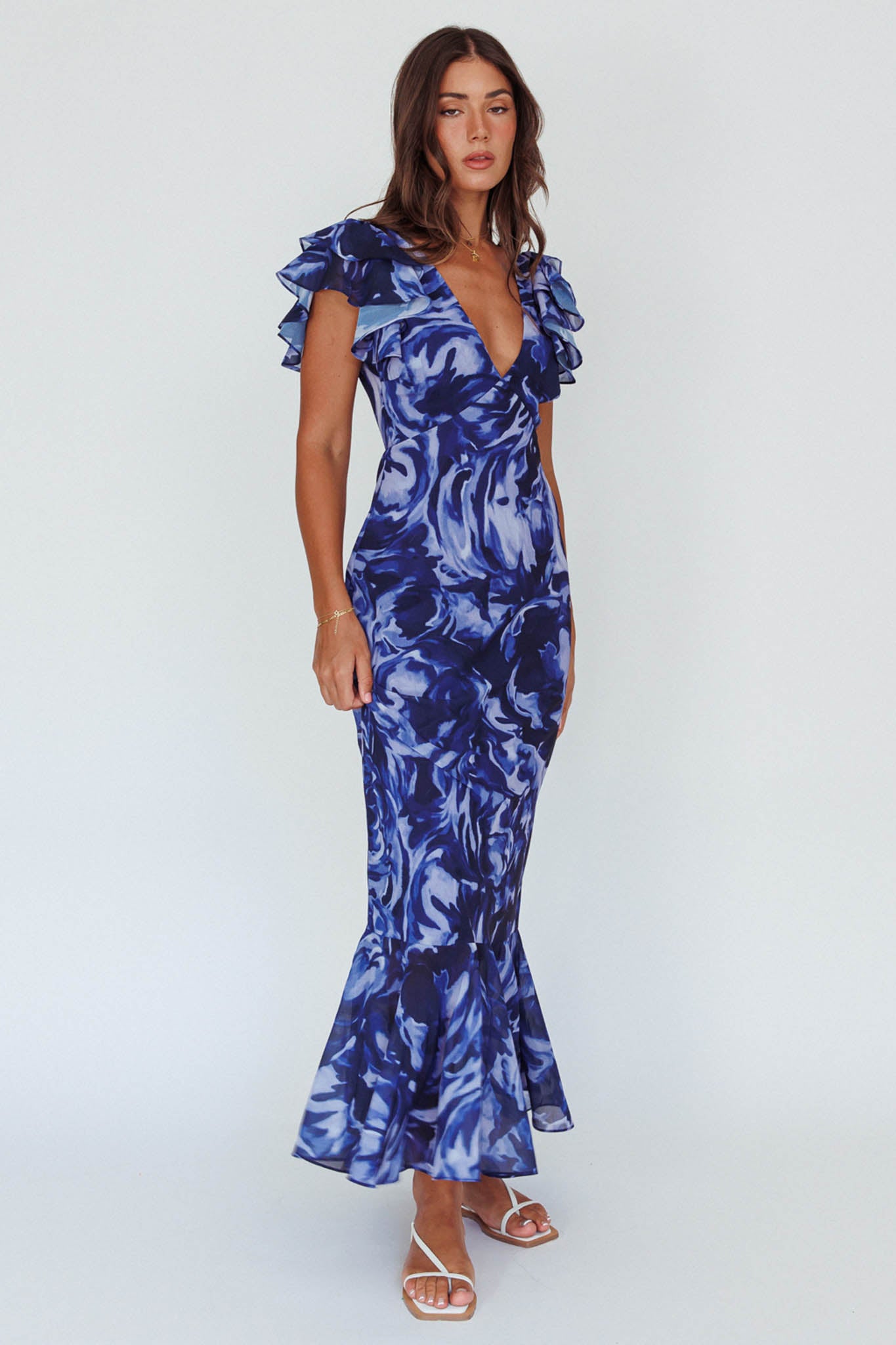 Lydiah Ruffle Sleeve Maxi Dress Floral Blue by Selfie Leslie Australia