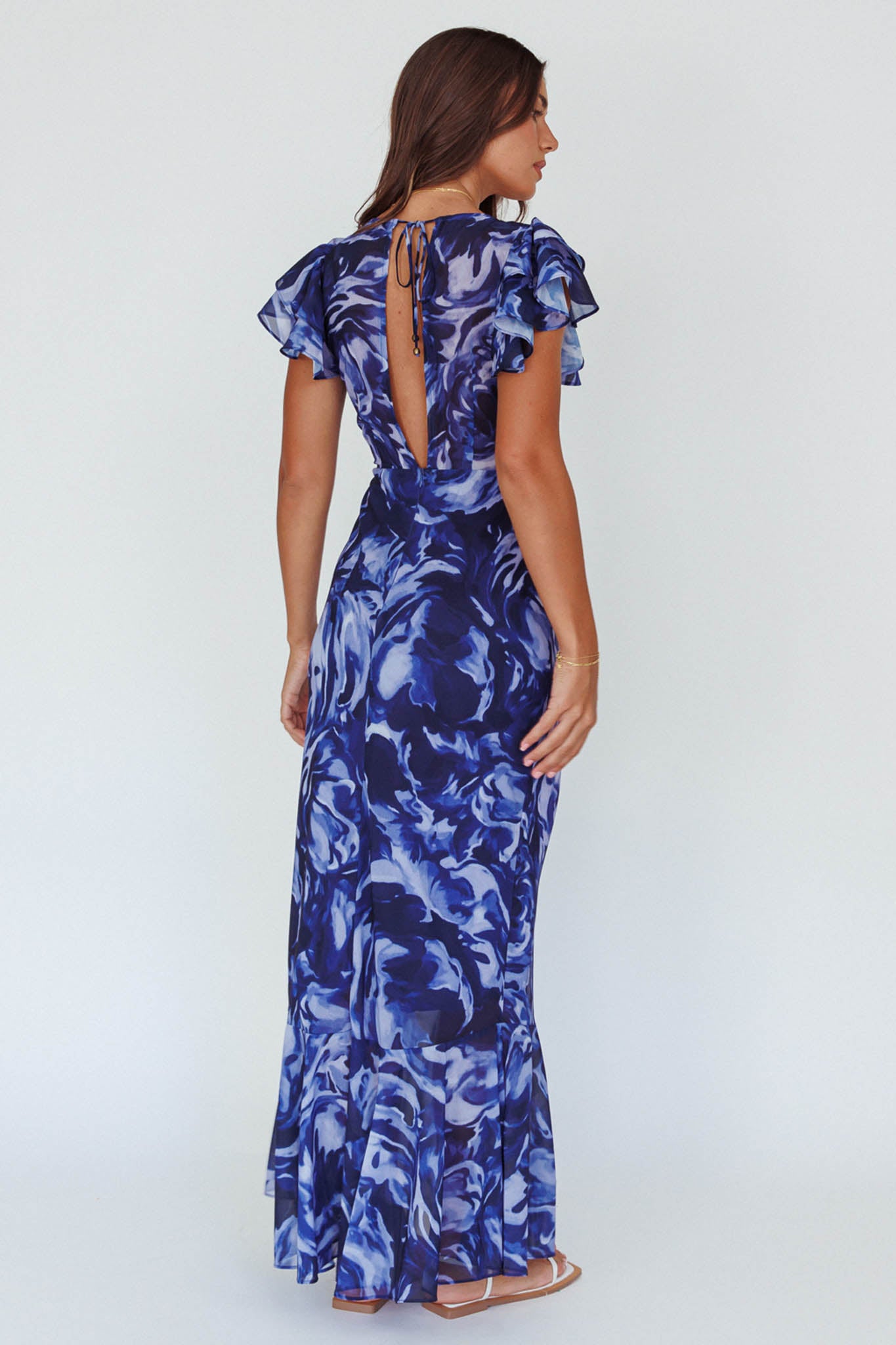 Lydiah Ruffle Sleeve Maxi Dress Floral Blue by Selfie Leslie Australia