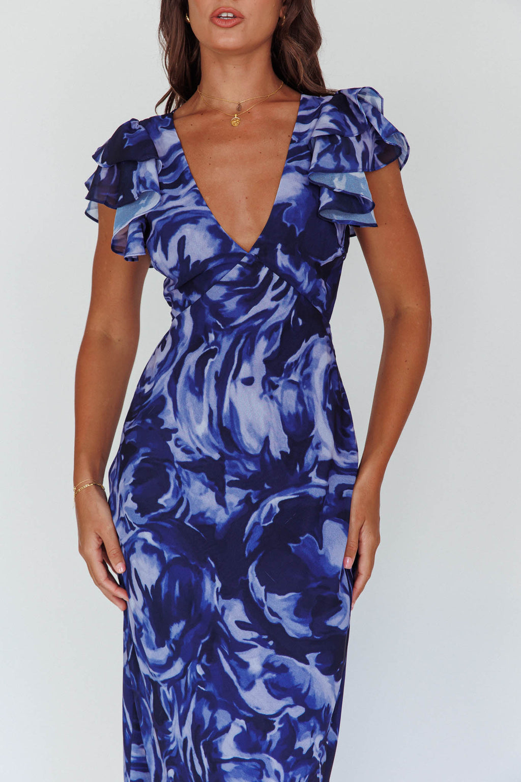 Lydiah Ruffle Sleeve Maxi Dress Floral Blue by Selfie Leslie Australia