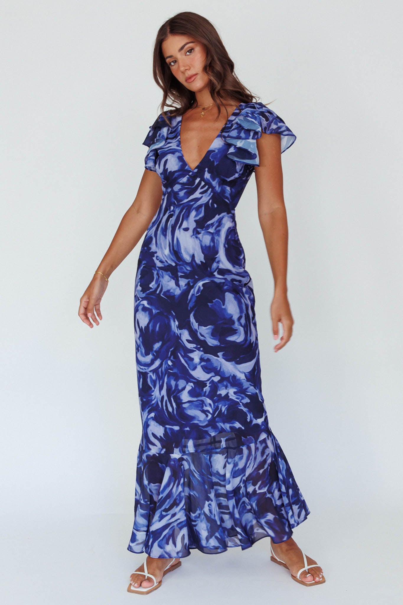 Lydiah Ruffle Sleeve Maxi Dress Floral Blue by Selfie Leslie Australia