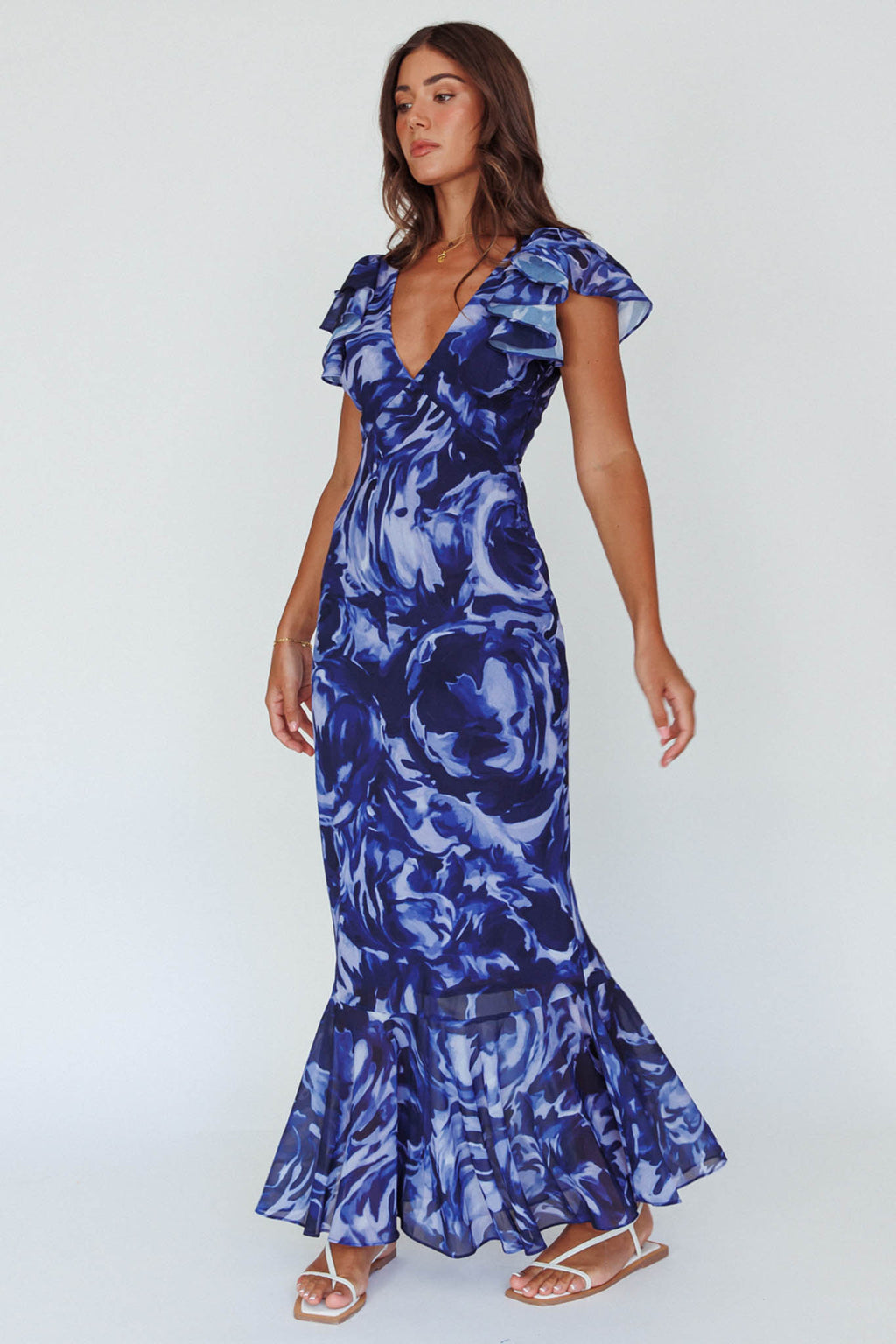 Lydiah Ruffle Sleeve Maxi Dress Floral Blue by Selfie Leslie Australia
