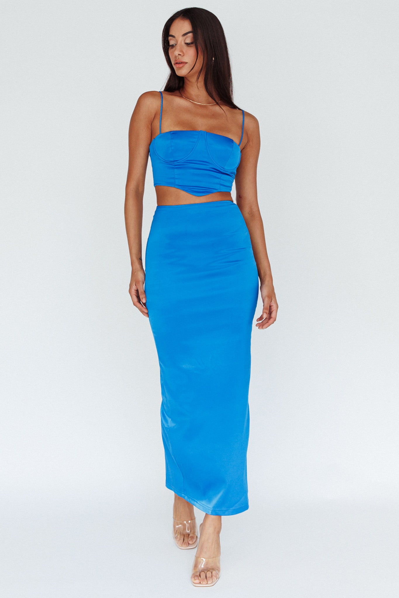 Zeina Satin Midi Skirt Blue by Selfie Leslie Australia
