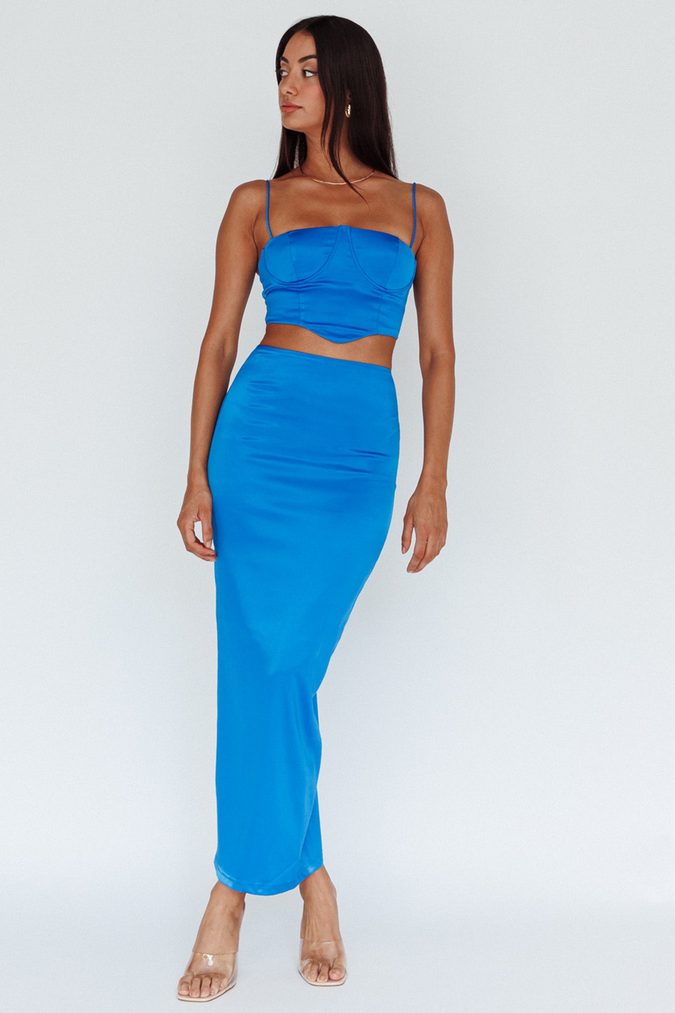 Zeina Satin Midi Skirt Blue by Selfie Leslie Australia