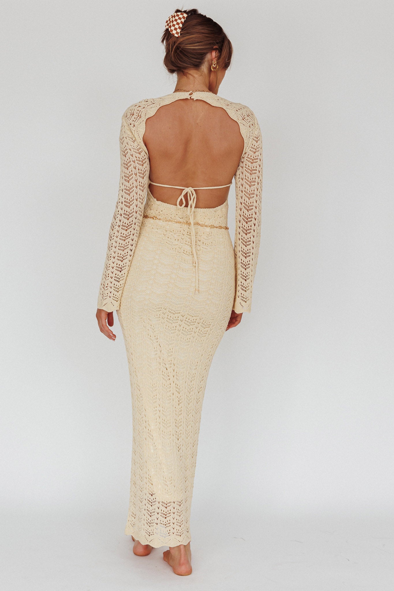 Hyland Open Back Crochet Maxi Dress Oat by Selfie Leslie Australia