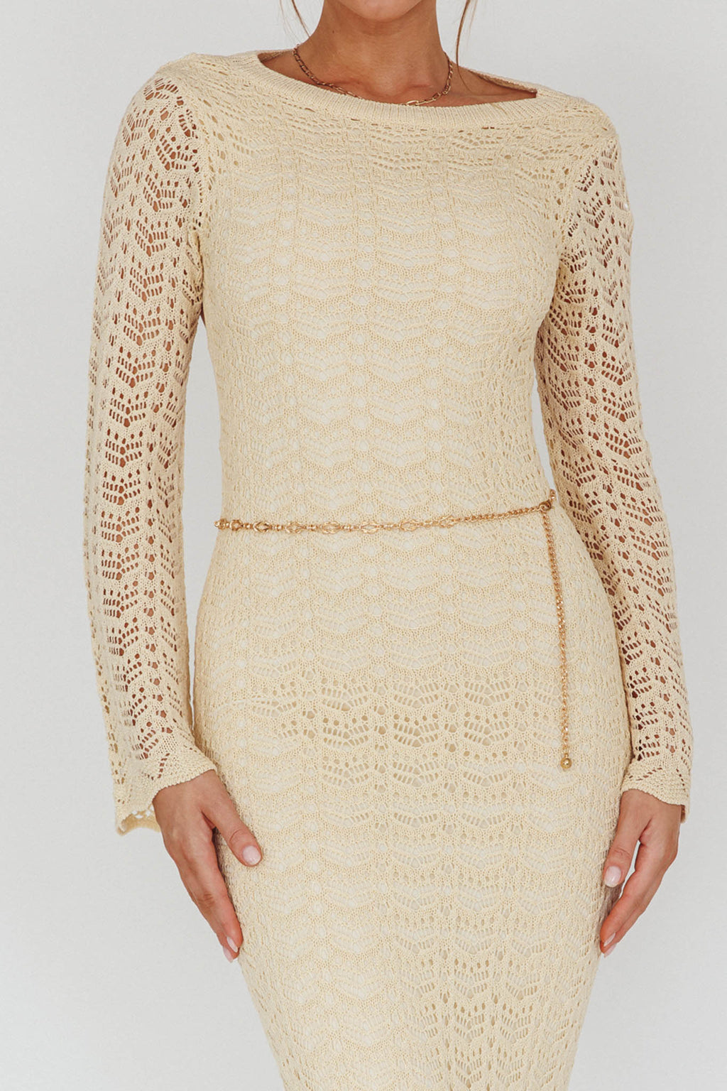 Hyland Open Back Crochet Maxi Dress Oat by Selfie Leslie Australia
