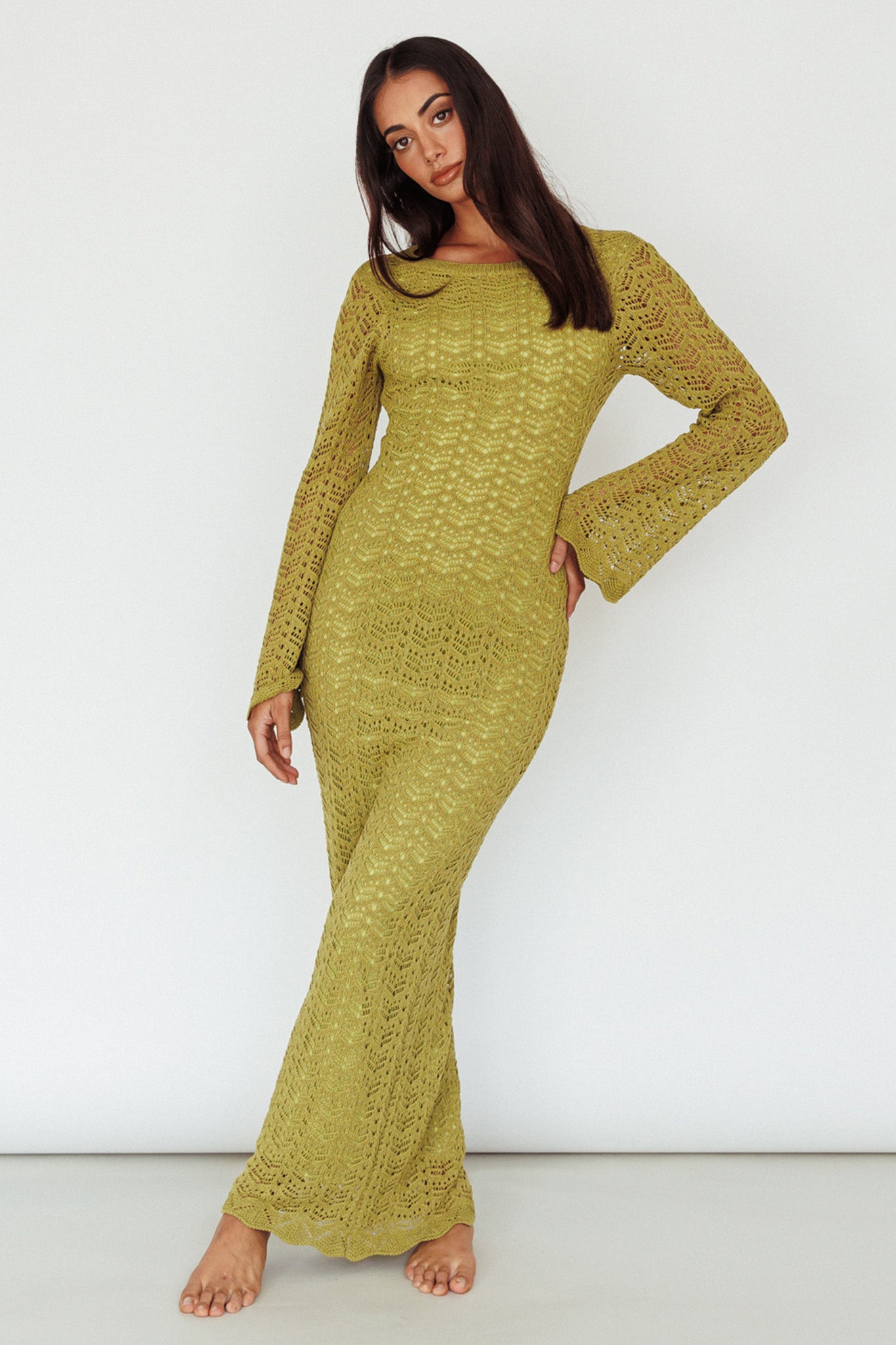 Hyland Open Back Crochet Maxi Dress Olive by Selfie Leslie Australia