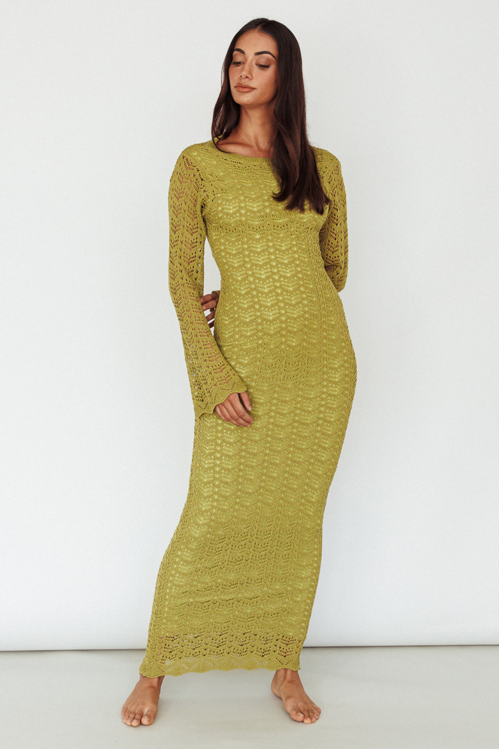 Hyland Open Back Crochet Maxi Dress Olive by Selfie Leslie Australia