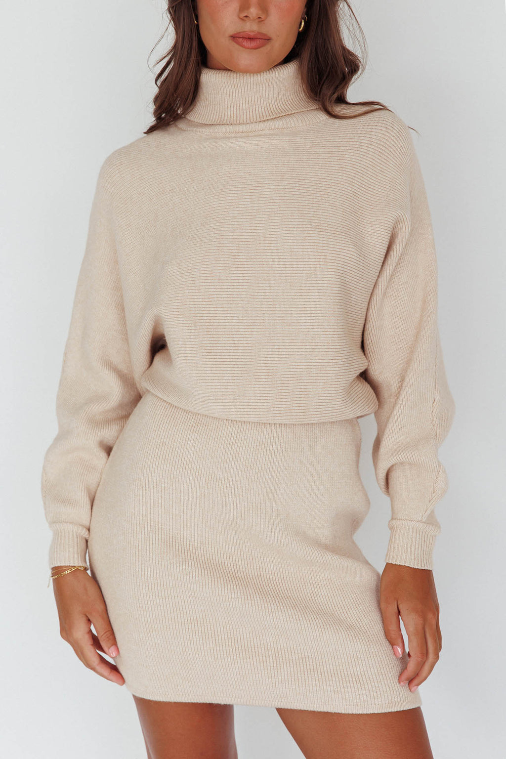 North Star High Neck Sweater Mini Dress Oat by Selfie Leslie Australia