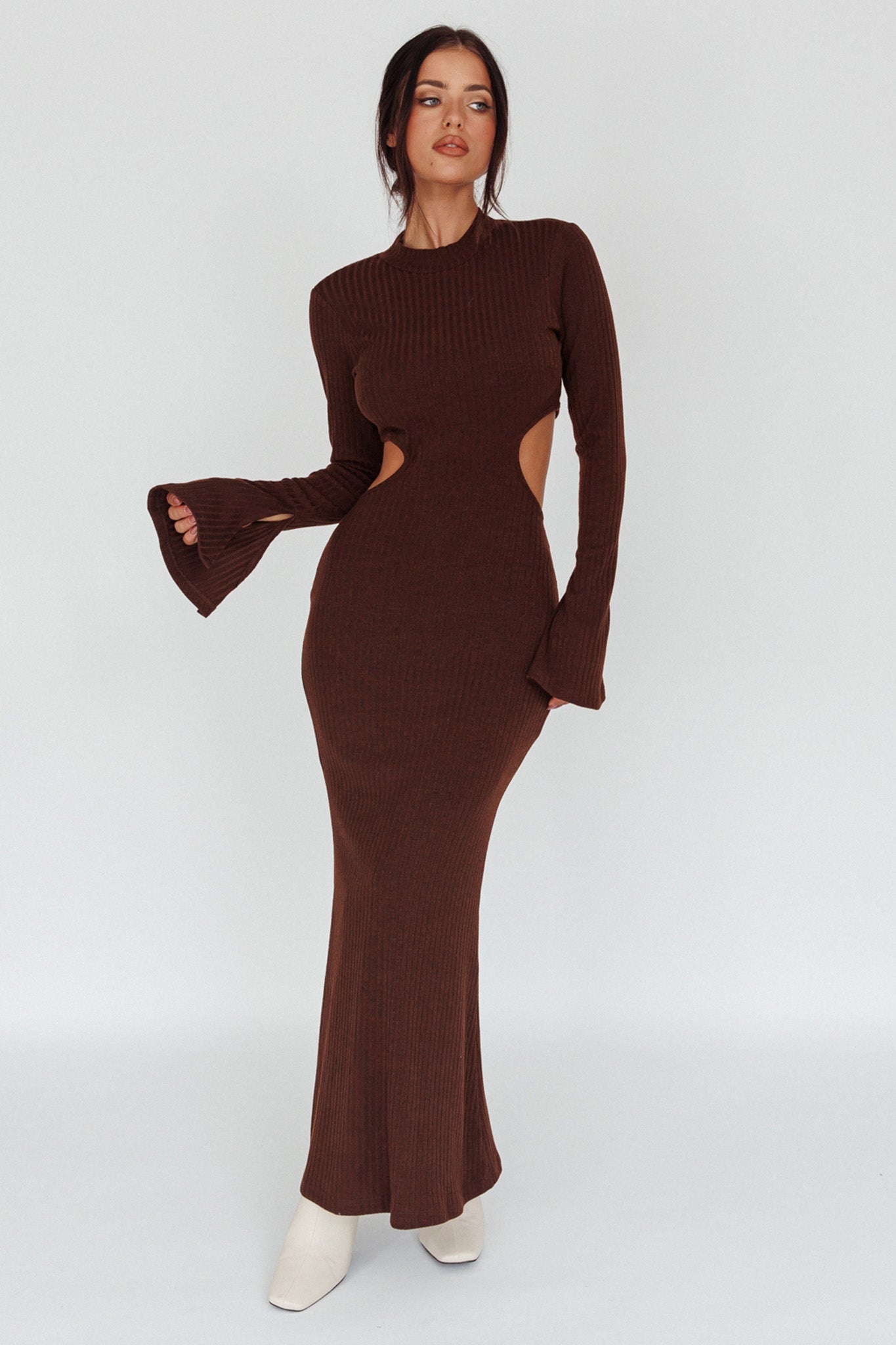 Shianne Long Sleeve Knit Maxi Dress Chocolate by Selfie Leslie Australia