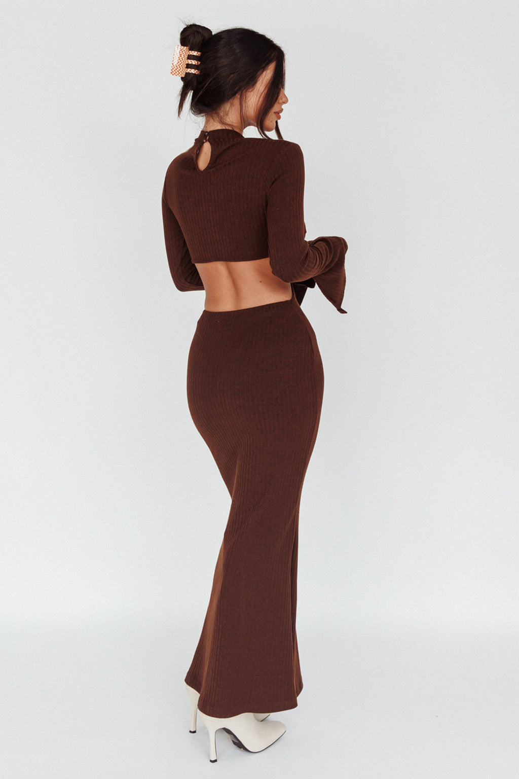 Shianne Long Sleeve Knit Maxi Dress Chocolate by Selfie Leslie Australia