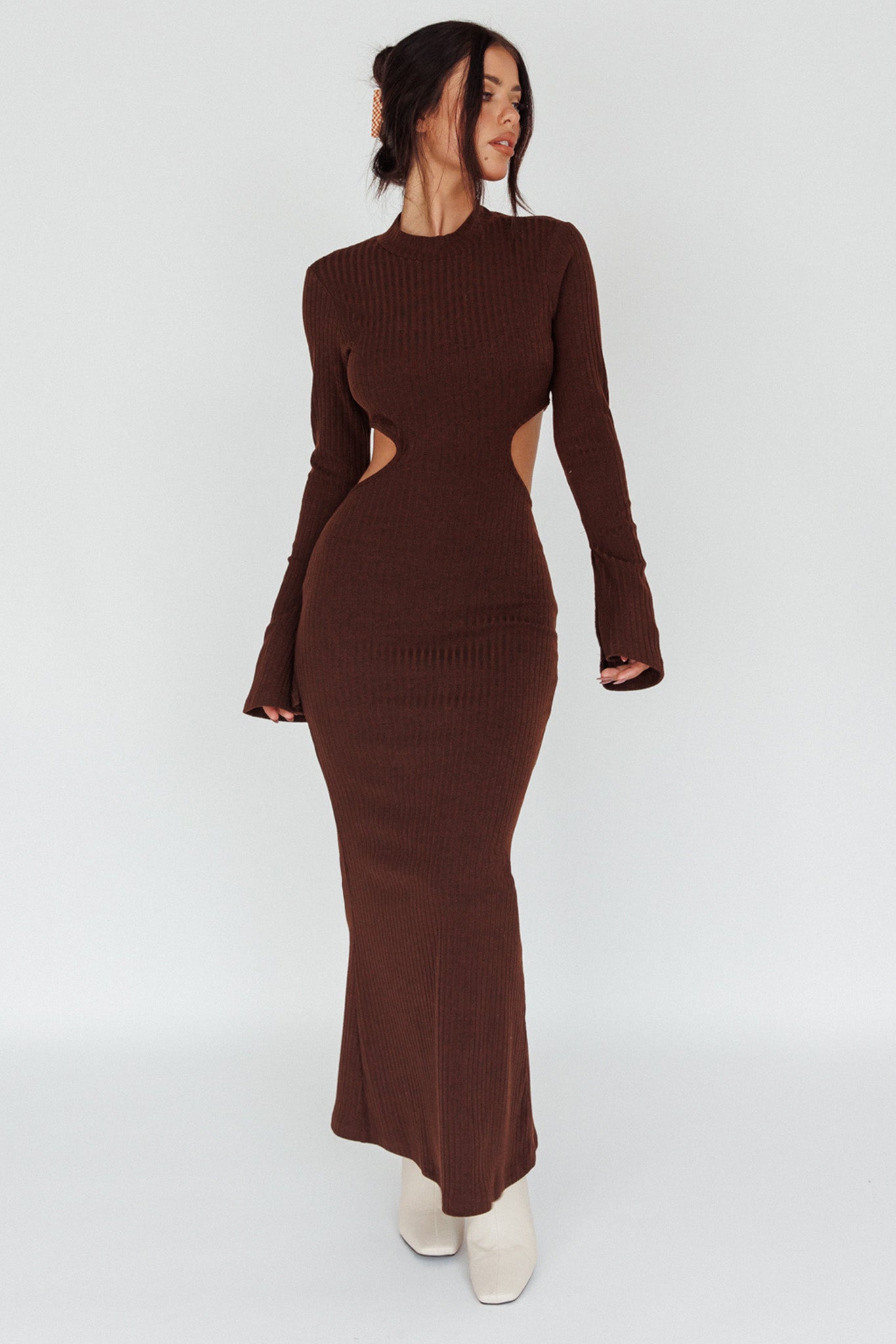 Shianne Long Sleeve Knit Maxi Dress Chocolate by Selfie Leslie Australia