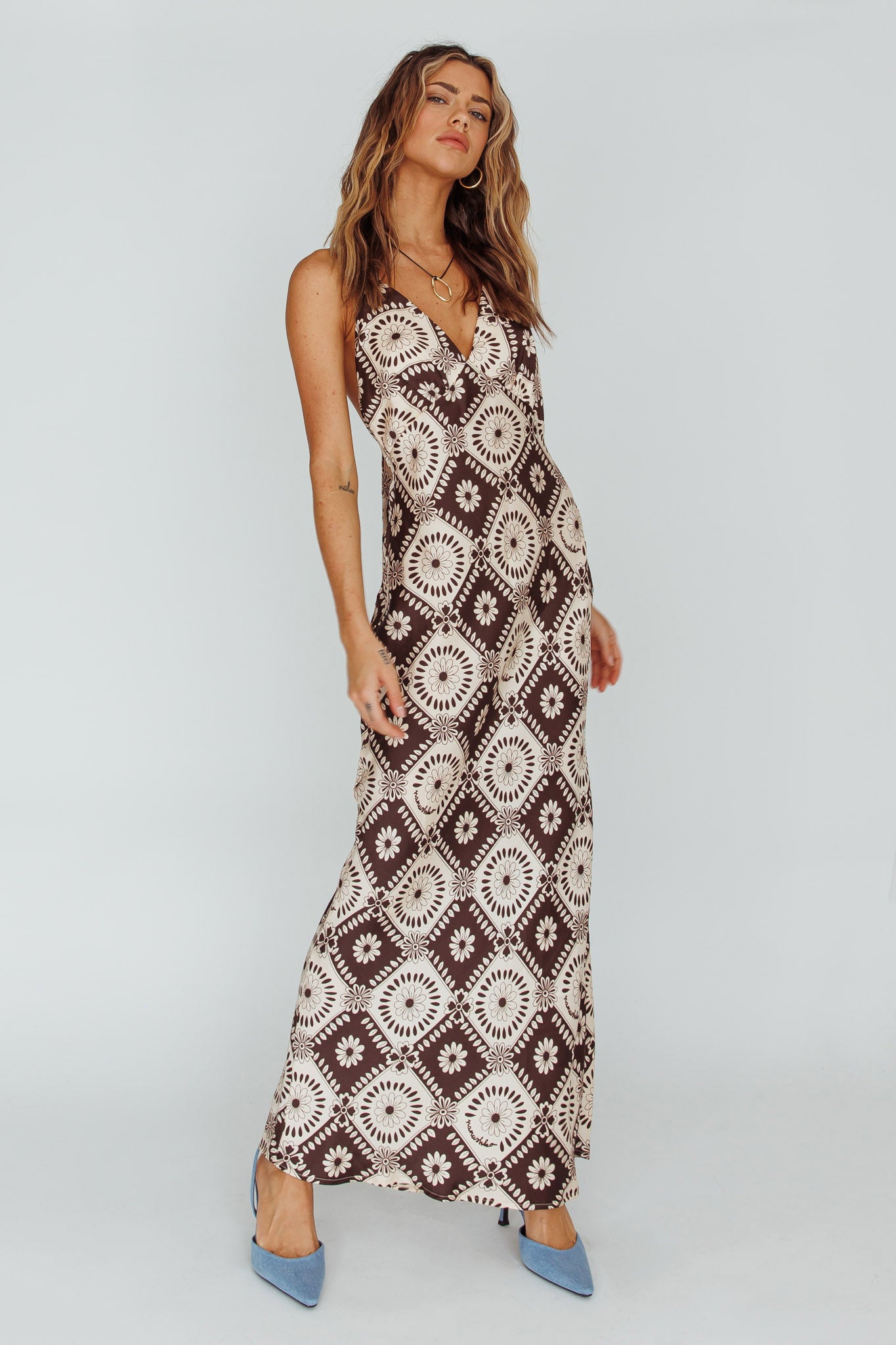 Lavara Halterneck Midi Dress Floral Chocolate by Selfie Leslie Australia