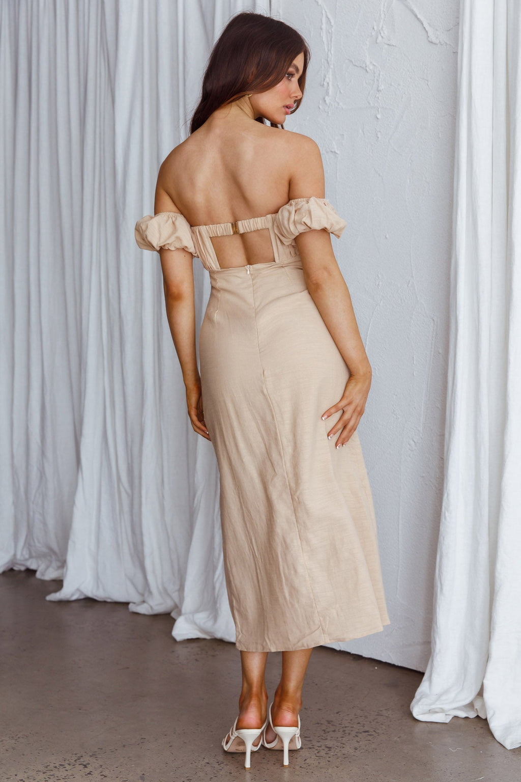 Nico Off-Shoulder Split Midi Dress Sand by Selfie Leslie