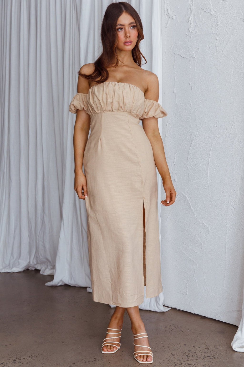 Nico Off-Shoulder Split Midi Dress Sand by Selfie Leslie
