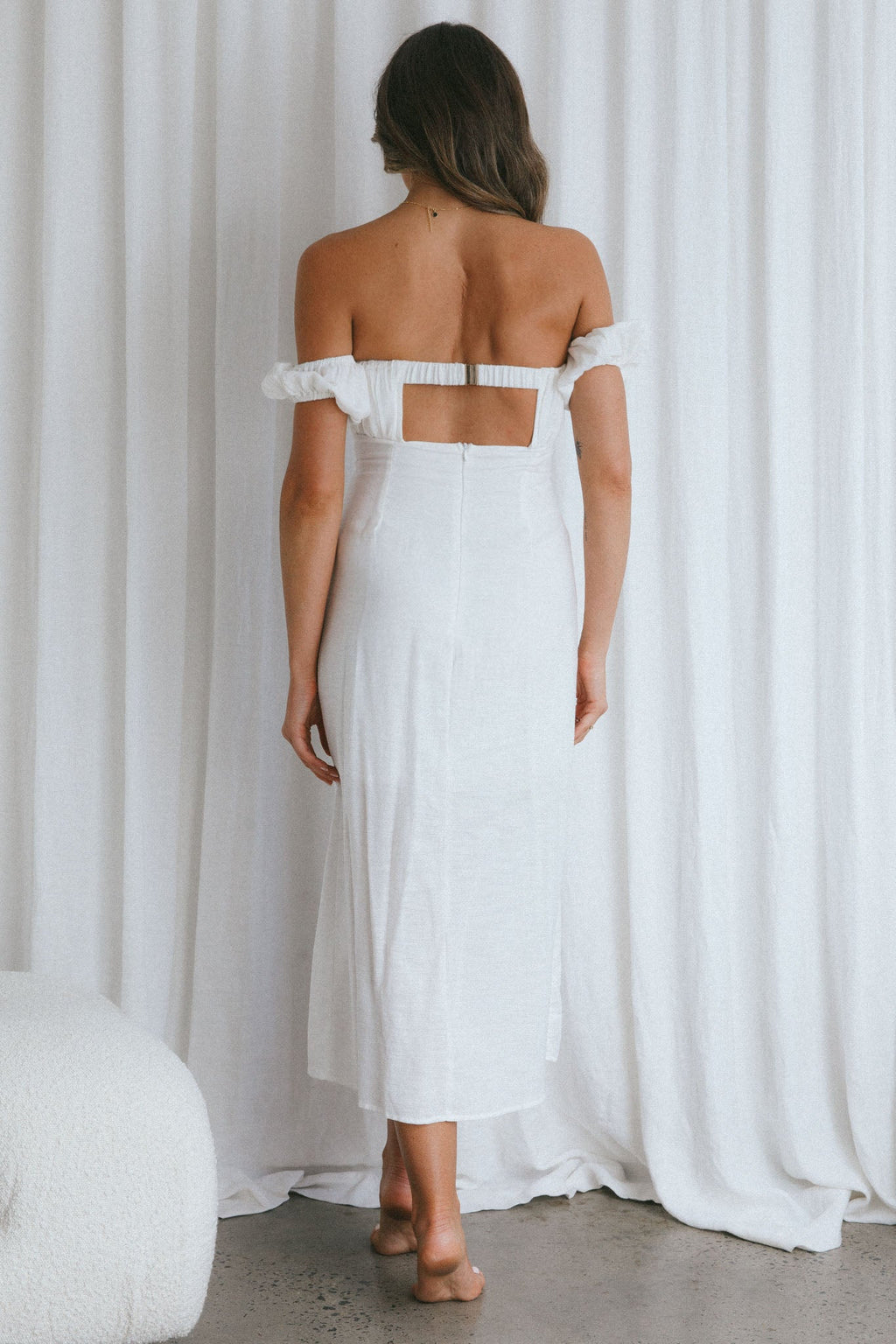 Nico Off-Shoulder Split Midi Dress White by Selfie Leslie