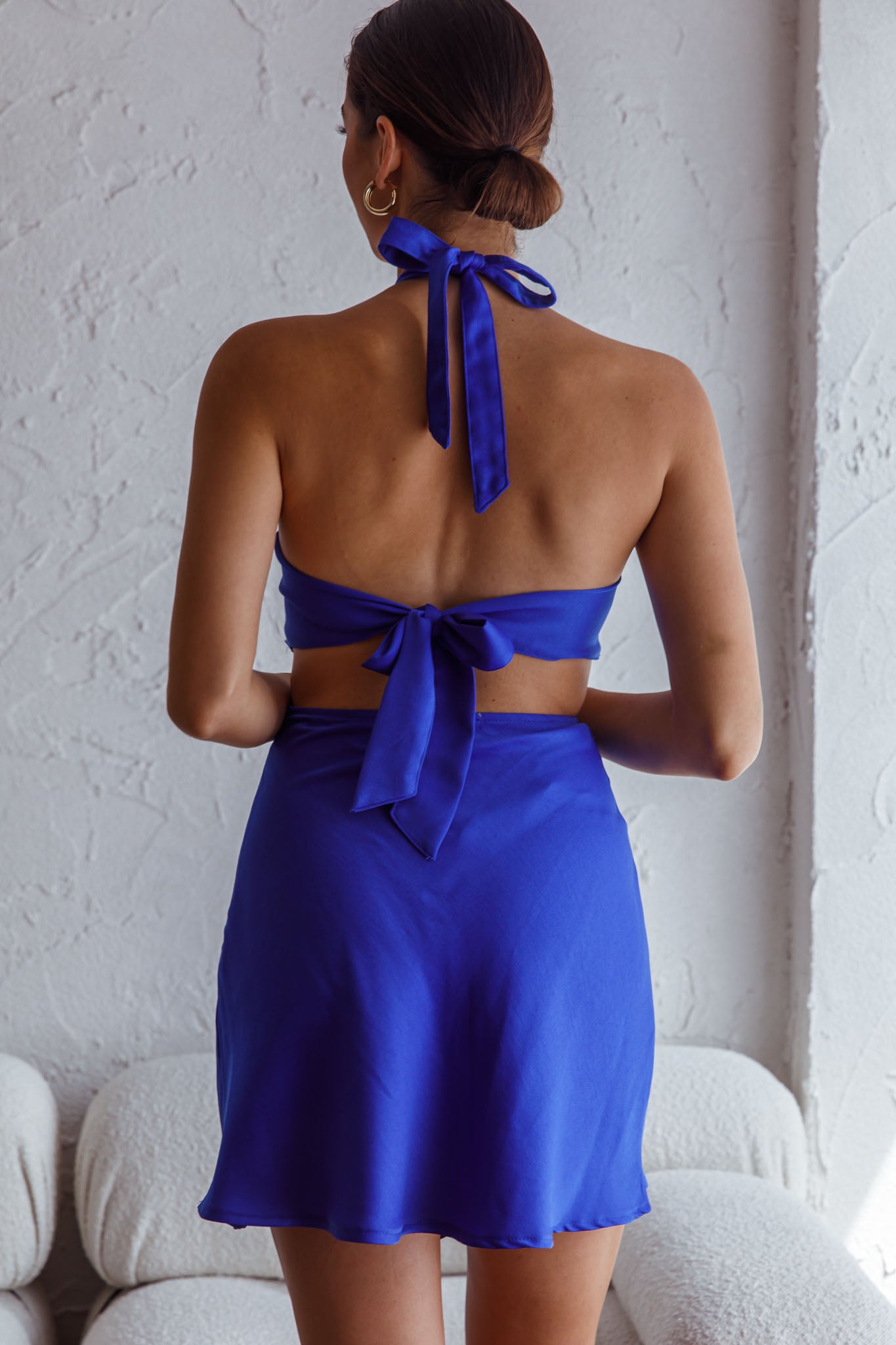 Acapulco Halterneck Tie-Up Back Satin Mini Dress Cobalt Blue by Selfie Leslie