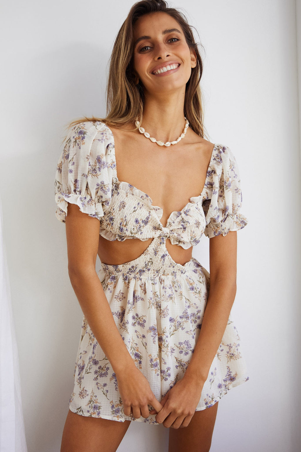 Ines Shirred Puff Sleeve Buckle Back Romper Floral Print White by Selfie Leslie