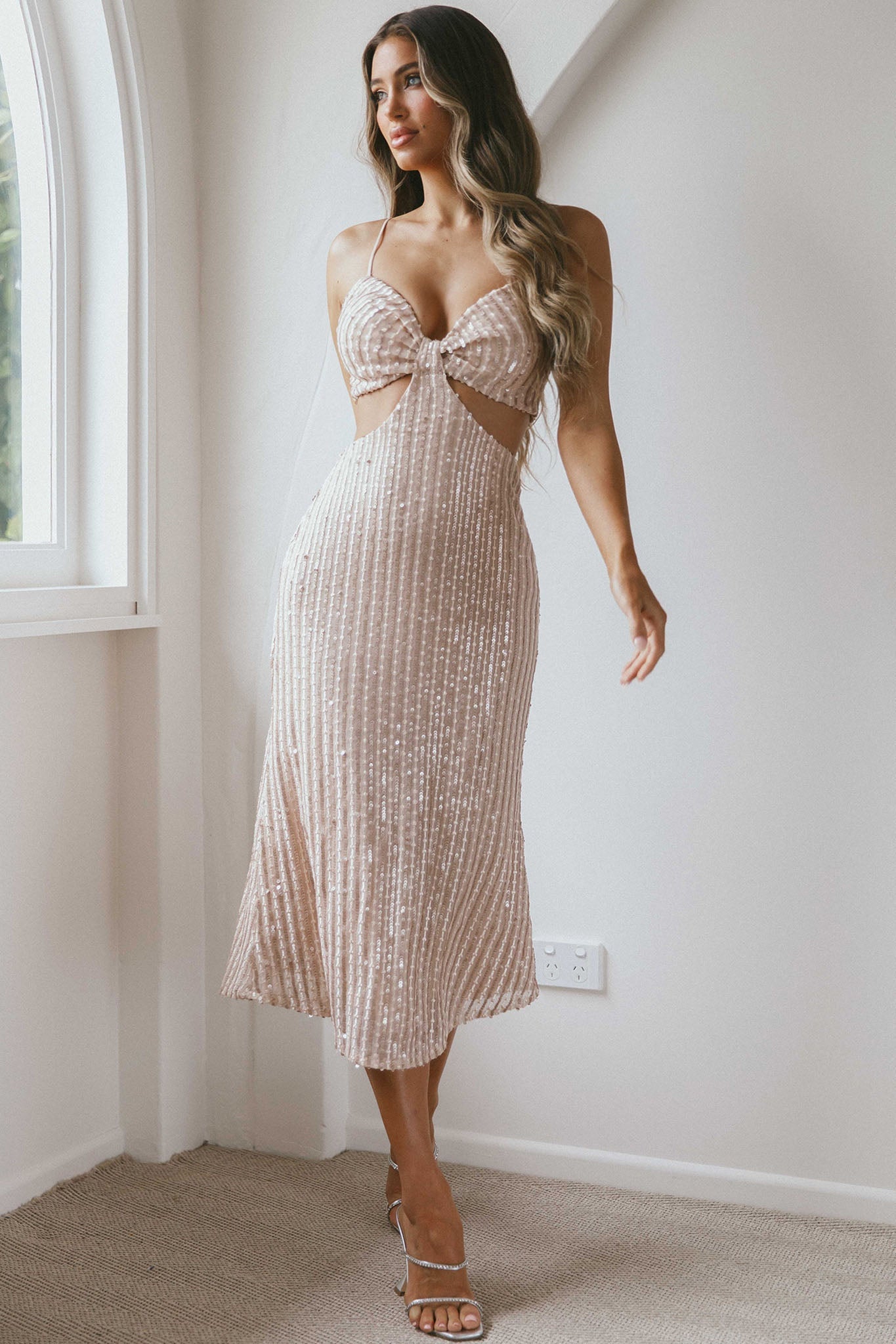 Acapulco Cami Strap Cut-Out Waist Sequin Midi Dress Rose Gold by Selfie Leslie