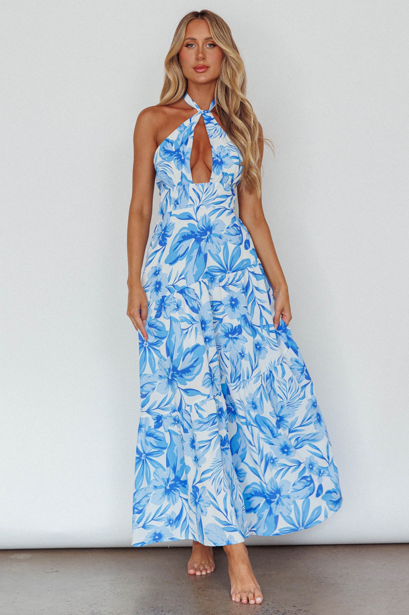 Bondi Keyhole Bust Maxi Dress Floral Blue by Selfie Leslie Australia