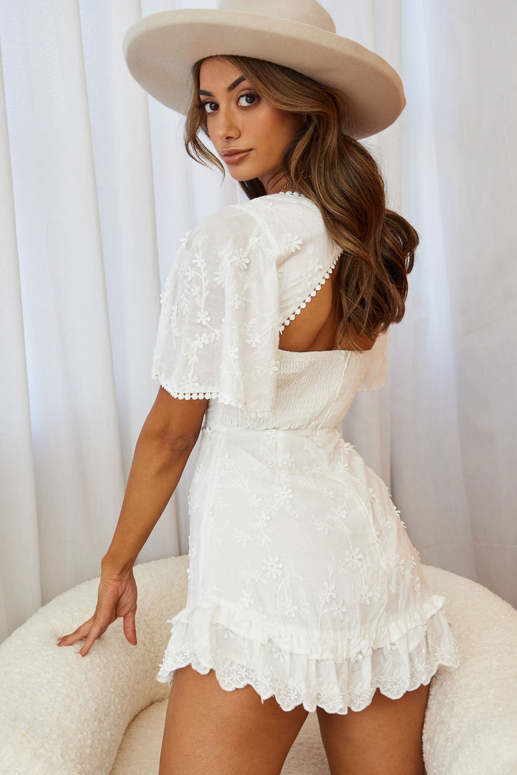 Joanie Angel Sleeve Floral Embroidery Mini Dress White by Selfie Leslie