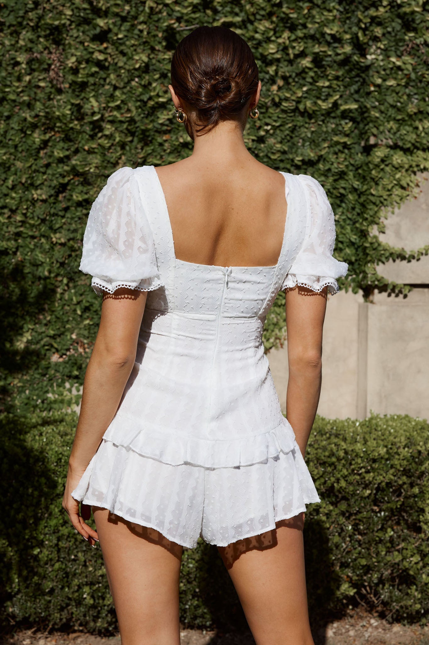 Young Love Tied Bust Frill Trim Romper White by Selfie Leslie