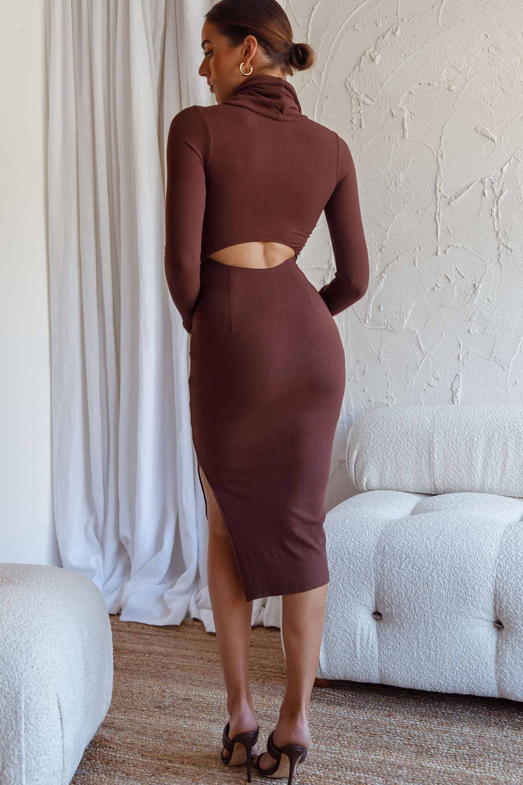 Nostalgia Cut-Out Waist Turtleneck Knee Length Dress Chocolate by Selfie Leslie