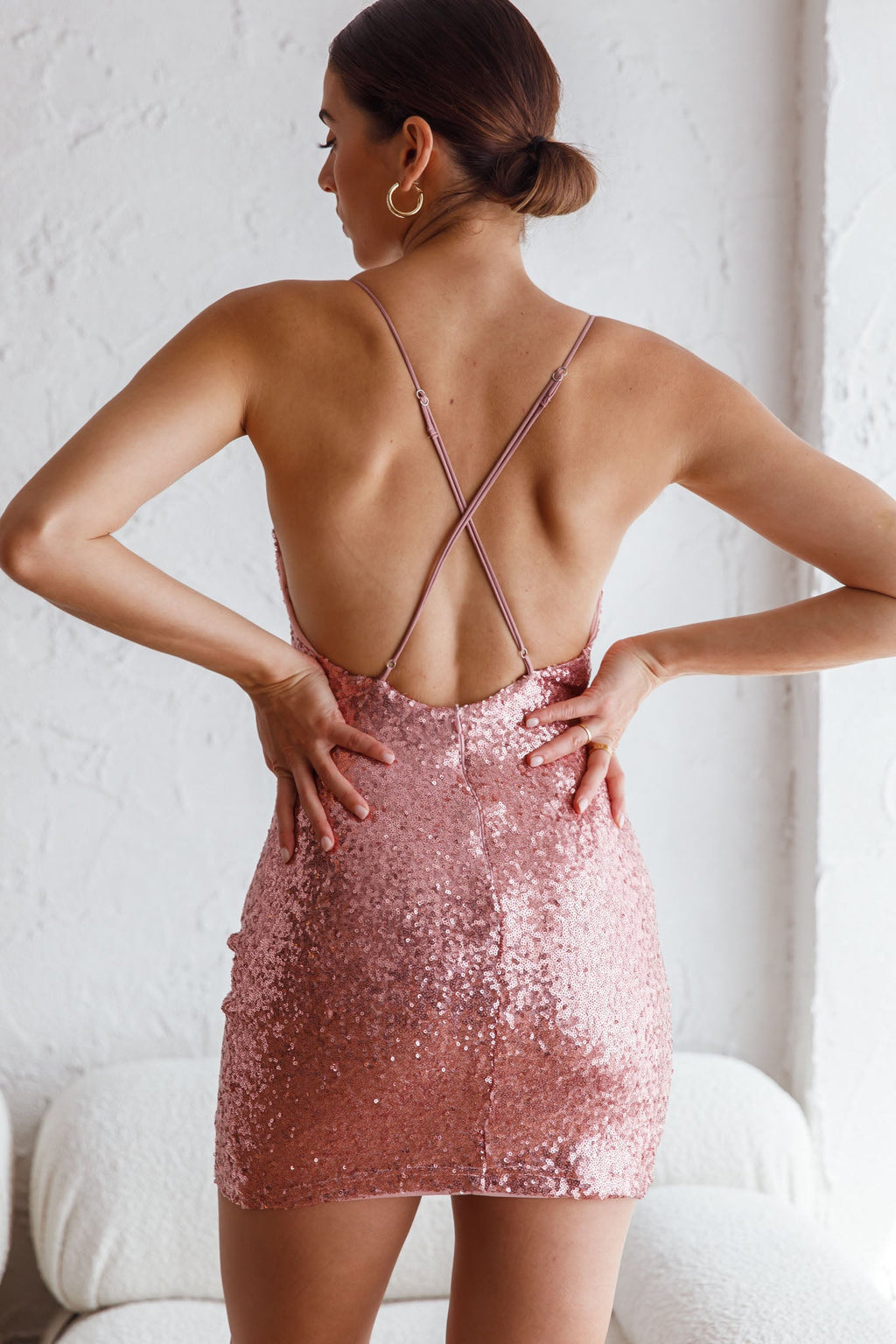Sicily Asymmetrical Cowl Neckline Sequin Mini Dress Blush by Selfie Leslie