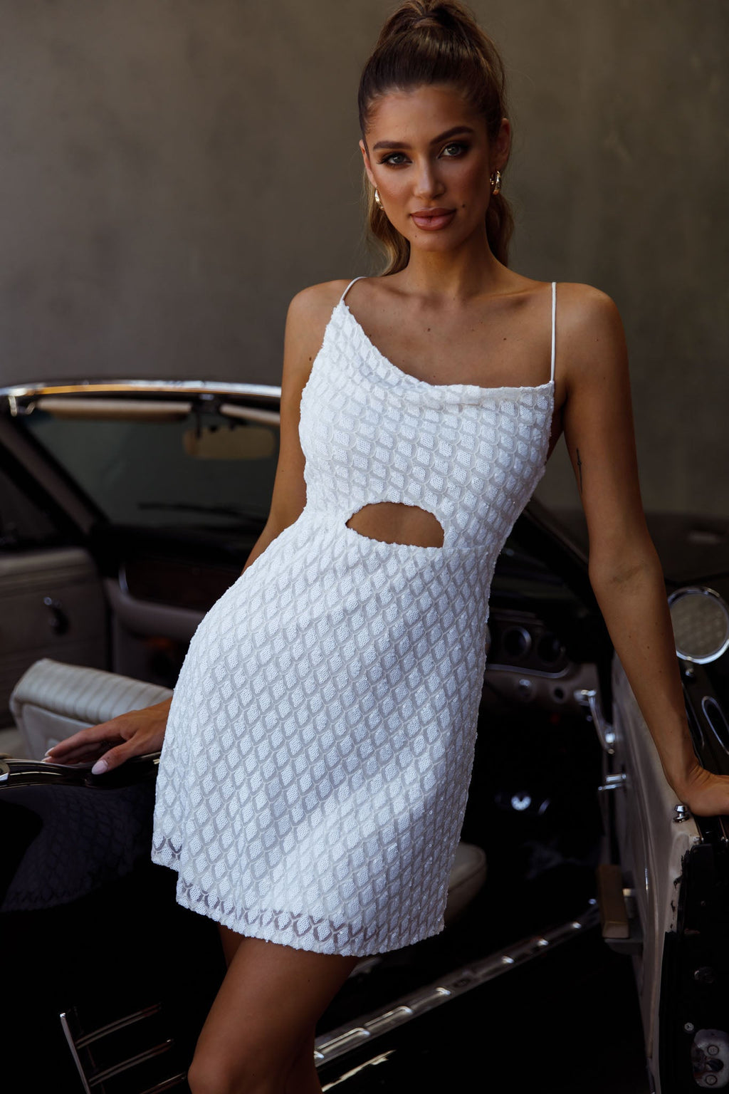 Sicily Asymmetrical Cowl Neckline Tie-Up Back Sequin Mini Dress White by Selfie Leslie