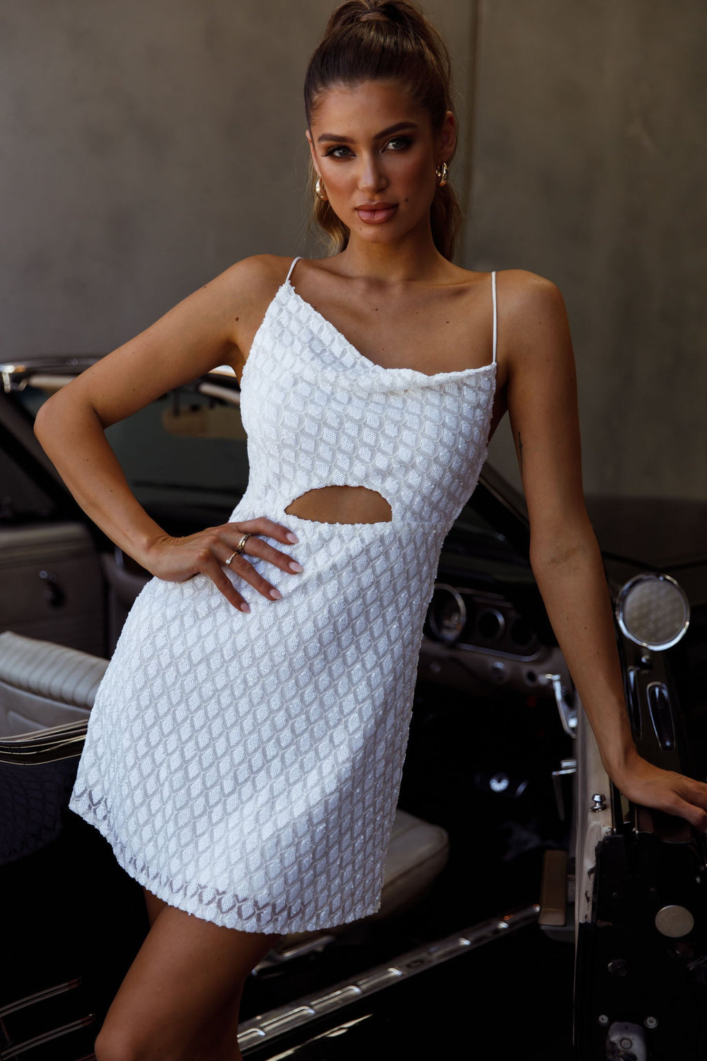 Sicily Asymmetrical Cowl Neckline Tie-Up Back Sequin Mini Dress White by Selfie Leslie