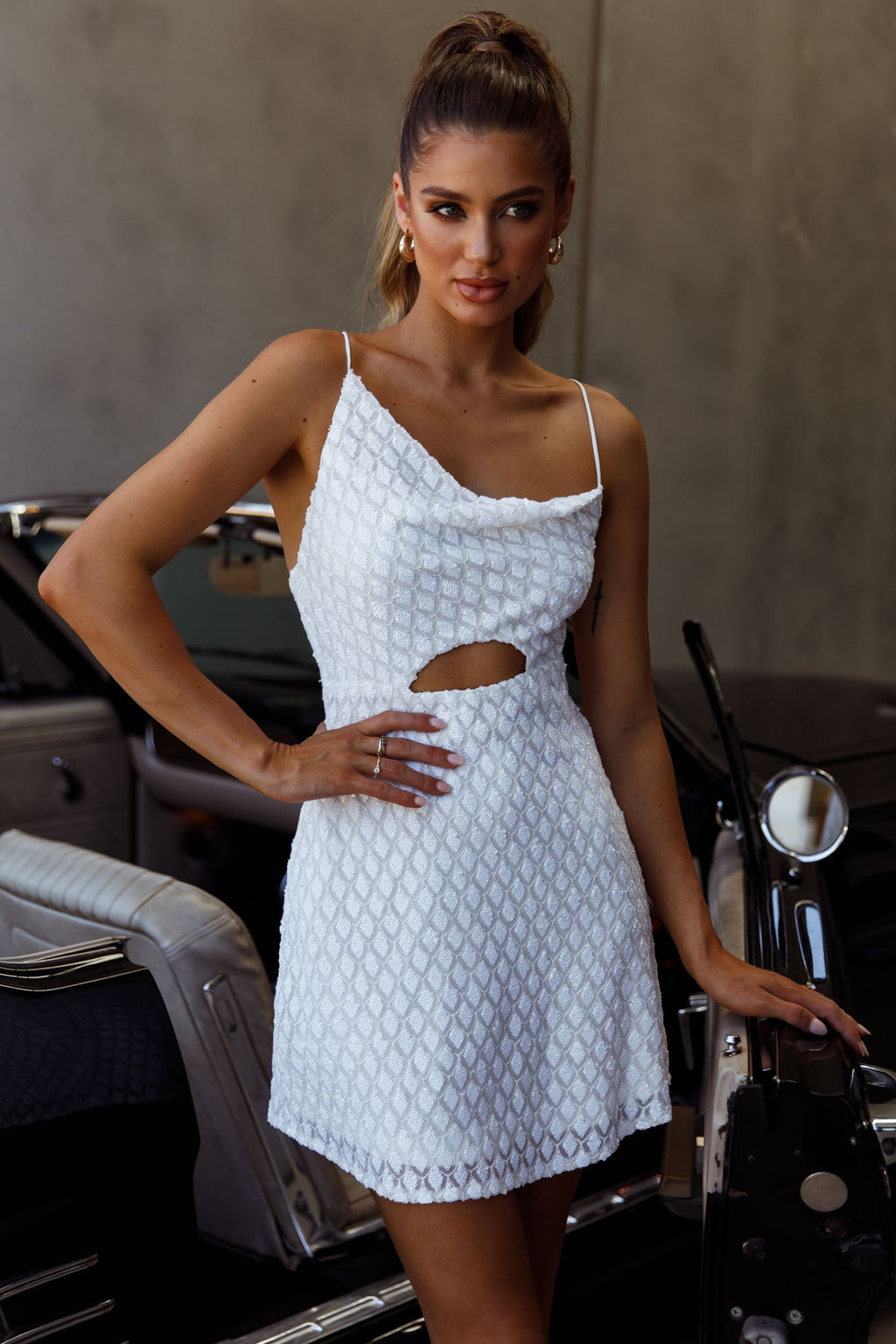 Sicily Asymmetrical Cowl Neckline Tie-Up Back Sequin Mini Dress White by Selfie Leslie