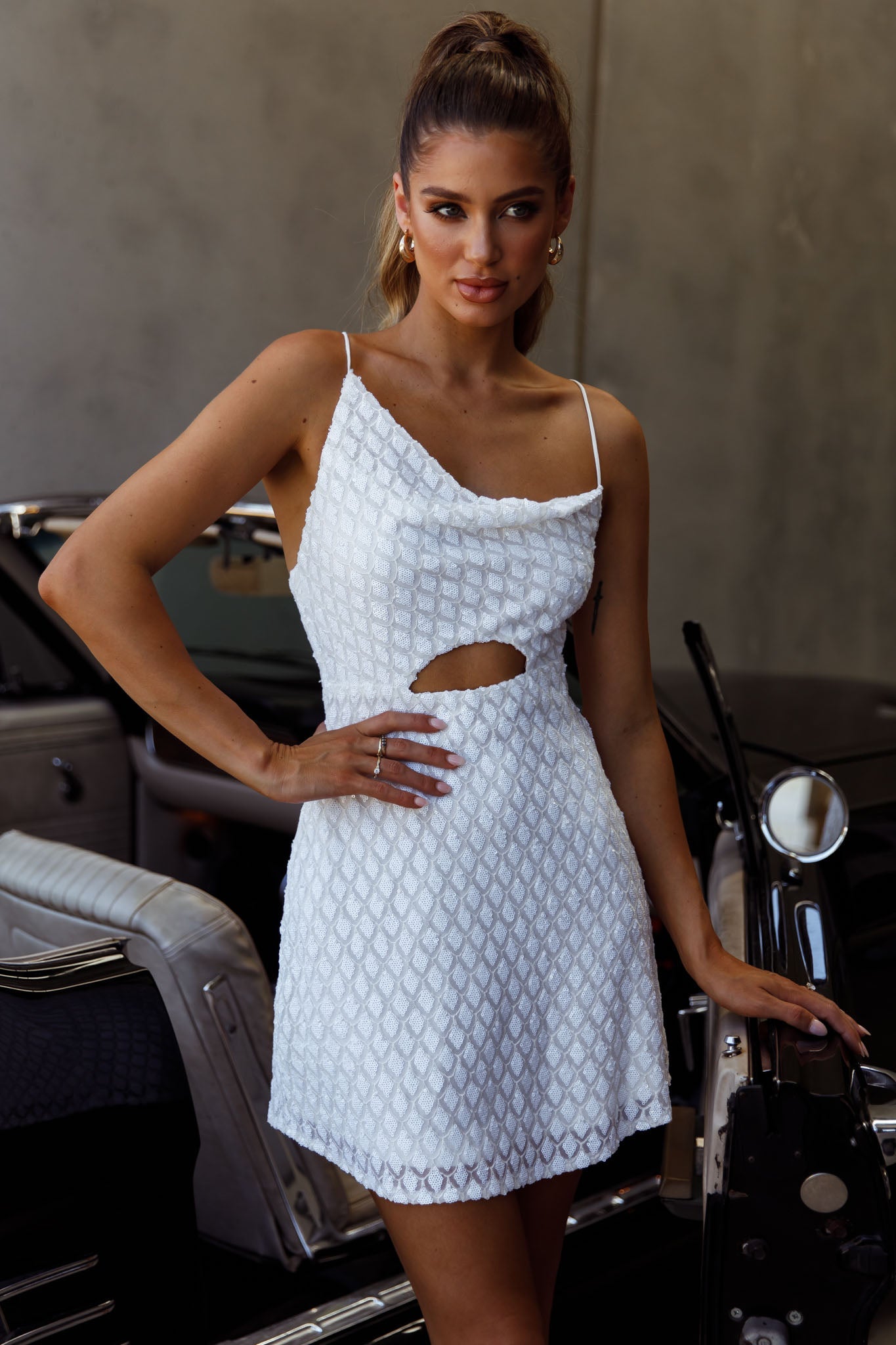 Sicily Asymmetrical Cowl Neckline Tie-Up Back Sequin Mini Dress White by Selfie Leslie