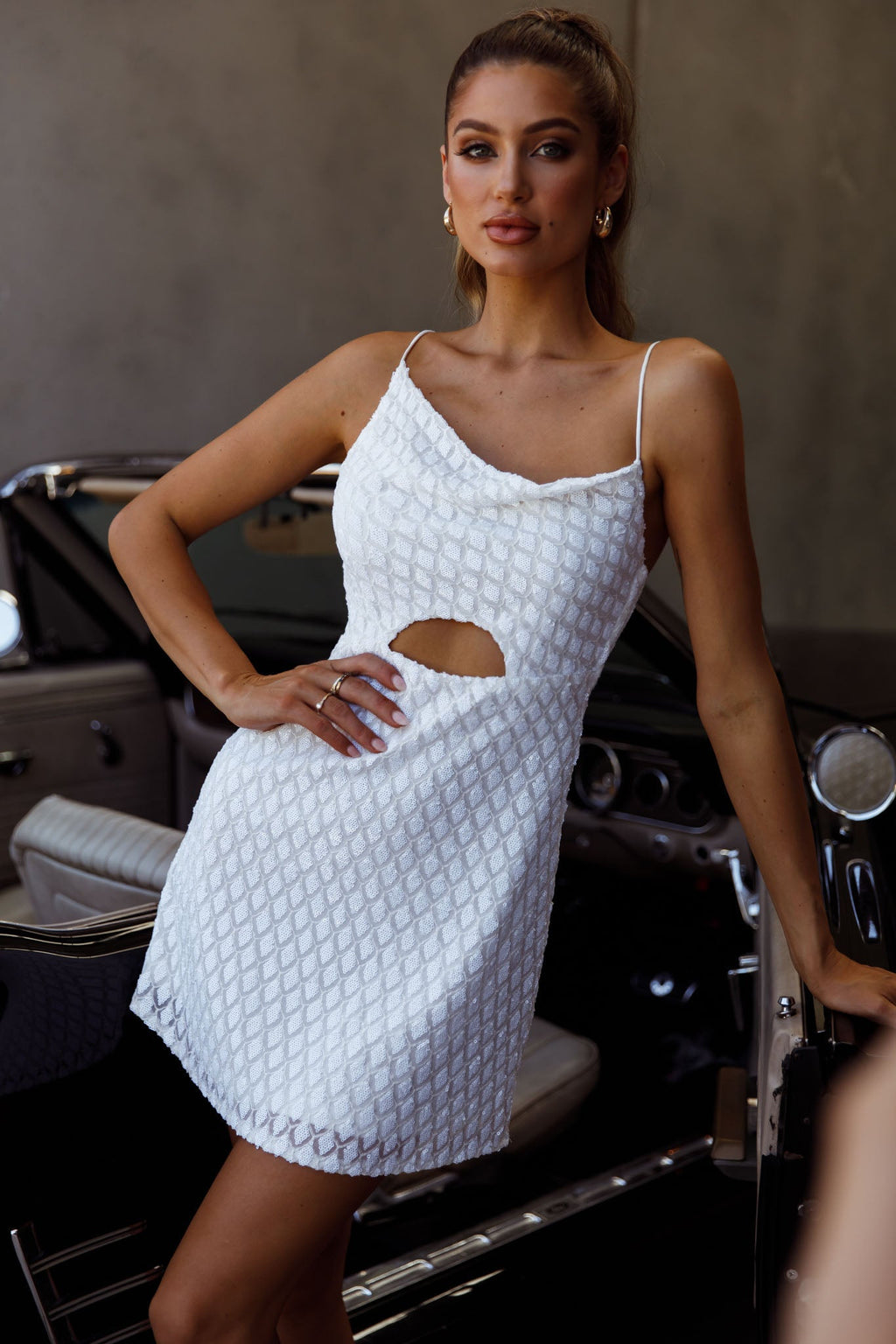 Sicily Asymmetrical Cowl Neckline Tie-Up Back Sequin Mini Dress White by Selfie Leslie