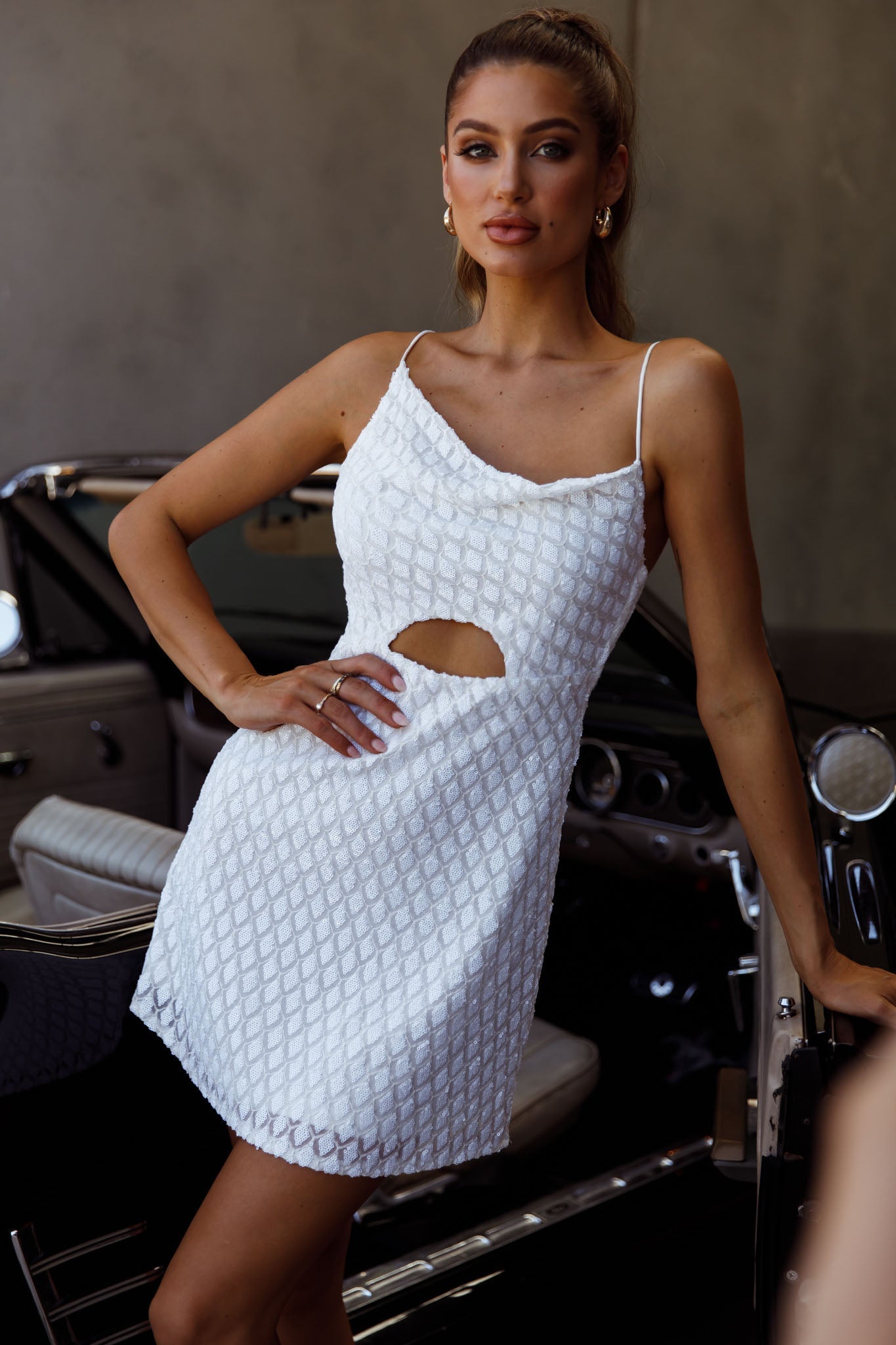 Sicily Asymmetrical Cowl Neckline Tie-Up Back Sequin Mini Dress White by Selfie Leslie
